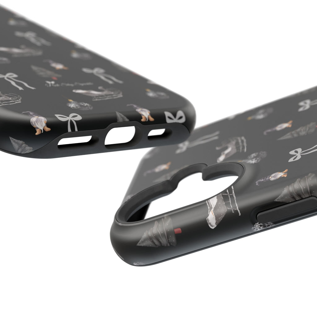 Elegant Christmas iPhone cover featuring silver bows, trees, and sleighs