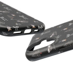 Elegant Christmas iPhone cover featuring silver bows, trees, and sleighs