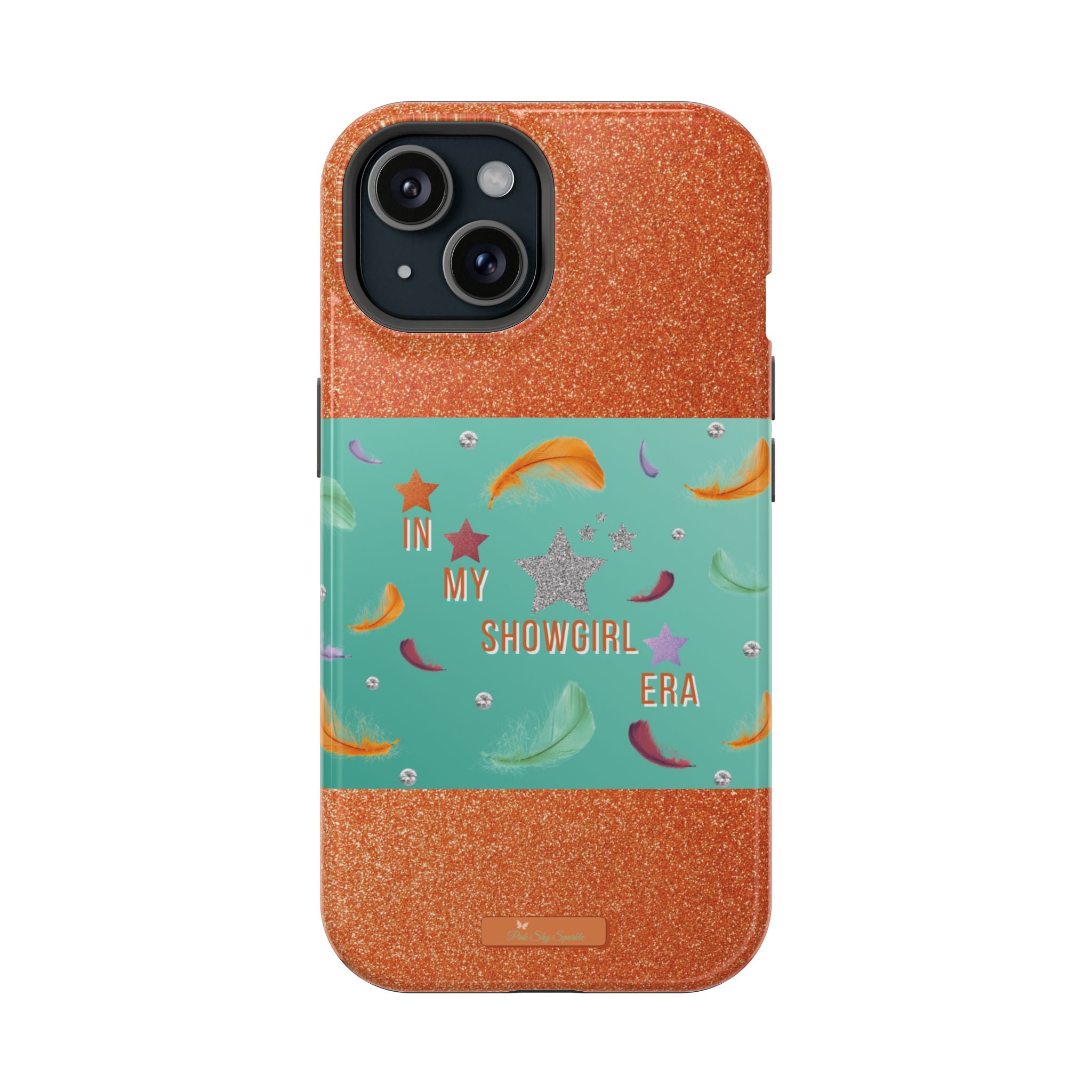 Taylor Swift Themed Phone Case with faux orange glitter and teal/mint green section the middle with feathers and diamonds and the word In my Showgirl Era.