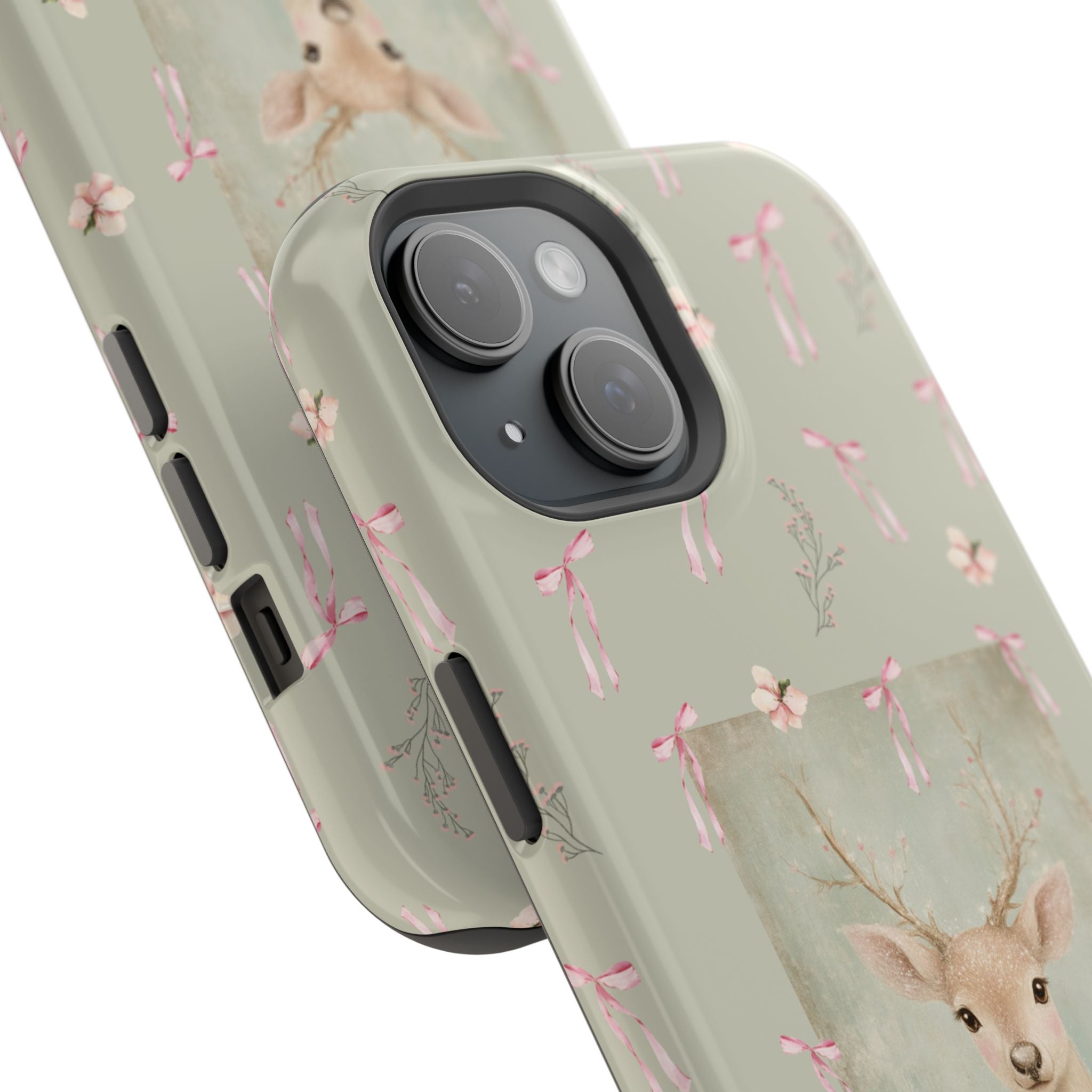 Pastel green magnetic iPhone case with pink bows and a framed woodland fawn painting in the center, cute cottagecore MagSafe-friendly phone case design by Pink Sky Sparkle.