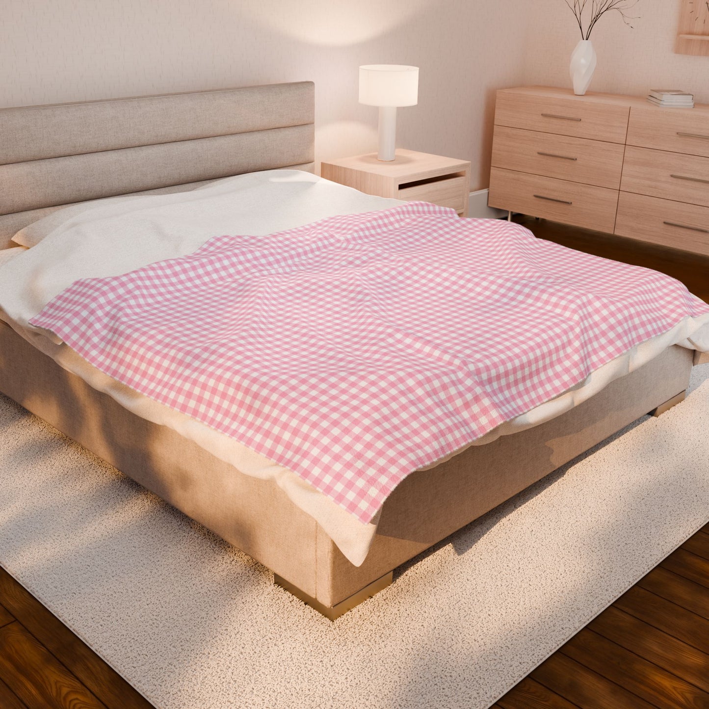 Pink Gingham Velveteen Plush Blanket