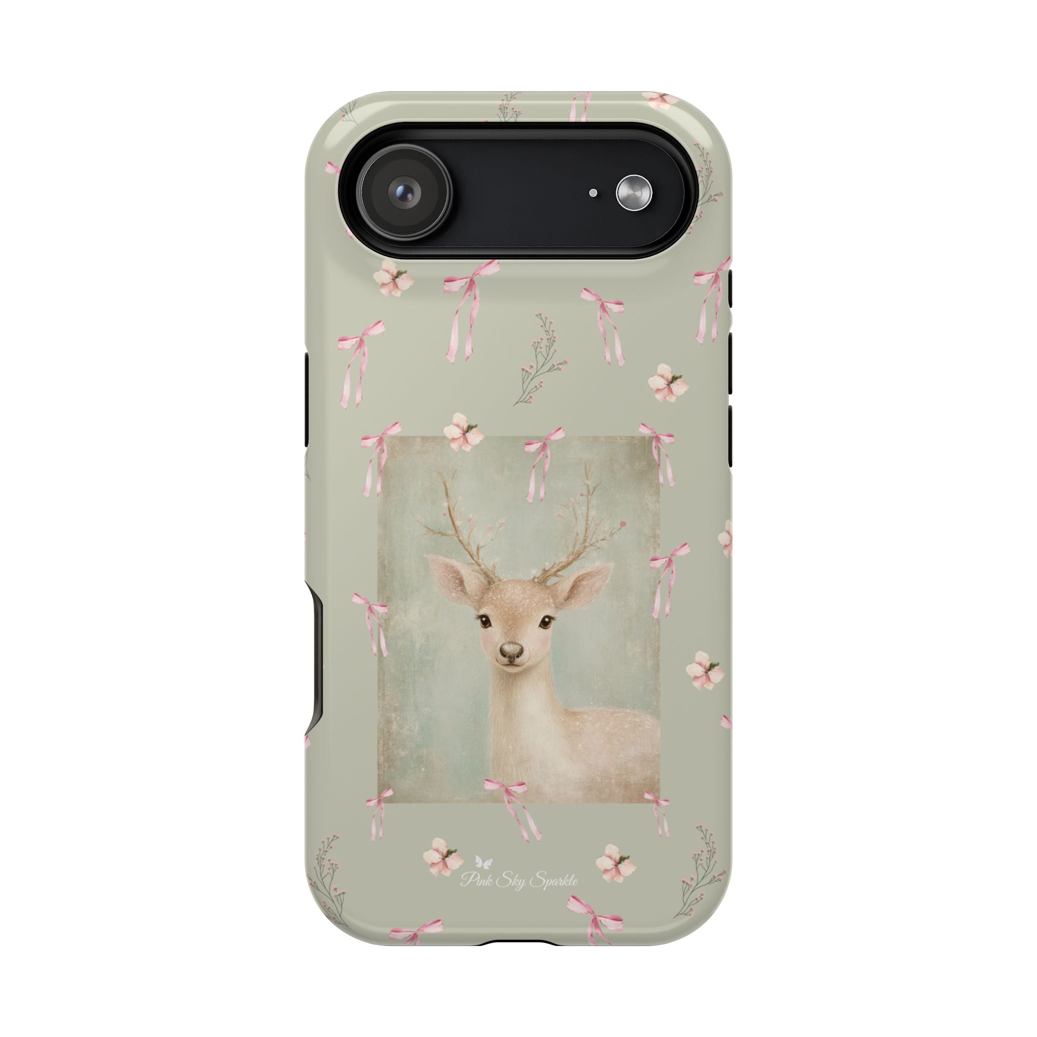 Pastel green magnetic iPhone case with pink bows and a framed woodland fawn painting in the center, cute cottagecore MagSafe-friendly phone case design by Pink Sky Sparkle.