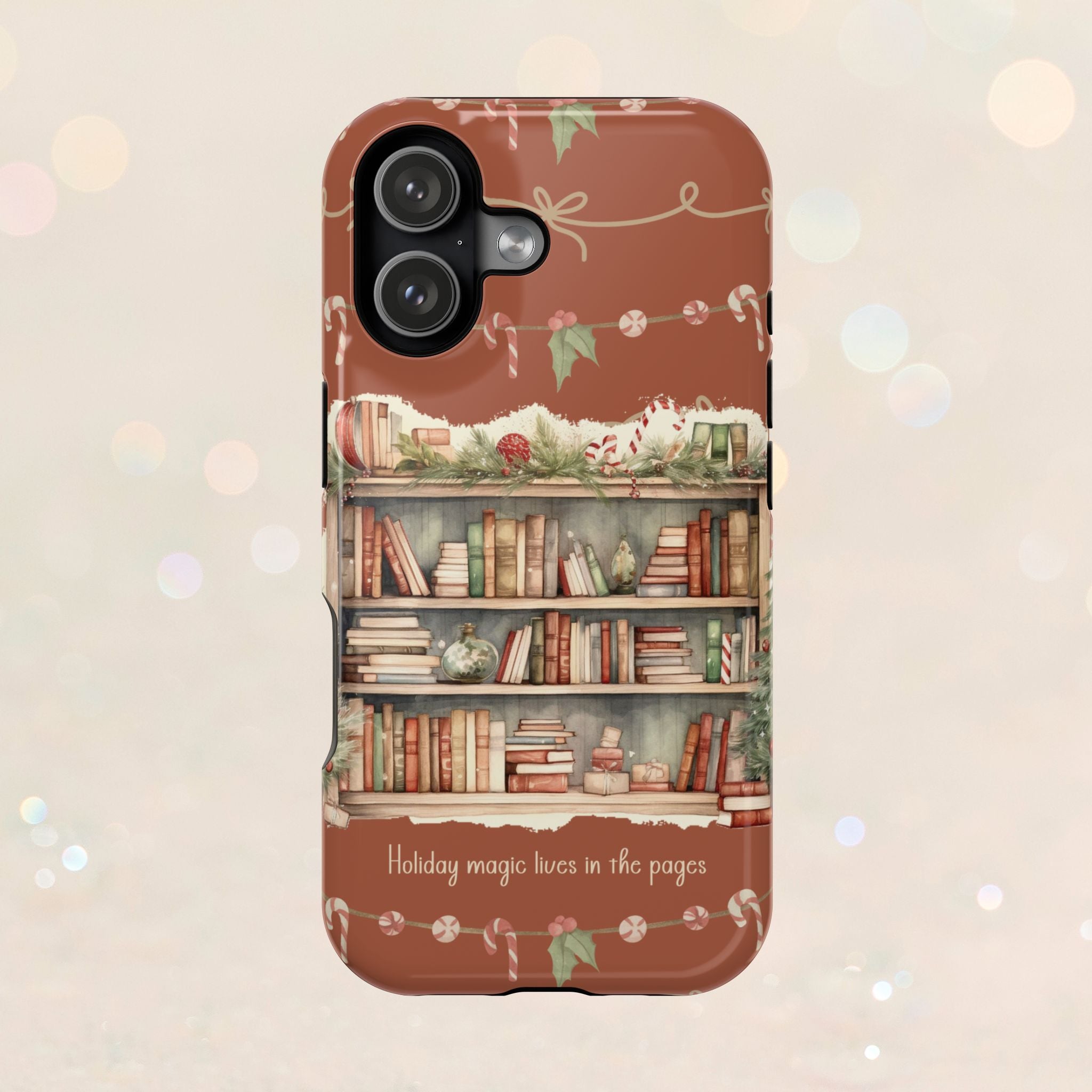 Holiday Bookshelf iPhone Case – Cozy Christmas Reading Aesthetic Cover – PINK SKY SPARKLE Holiday Bookshelf iPhone Case – Cozy Christmas Reading Aesthetic Cover – PINK SKY SPARKLE