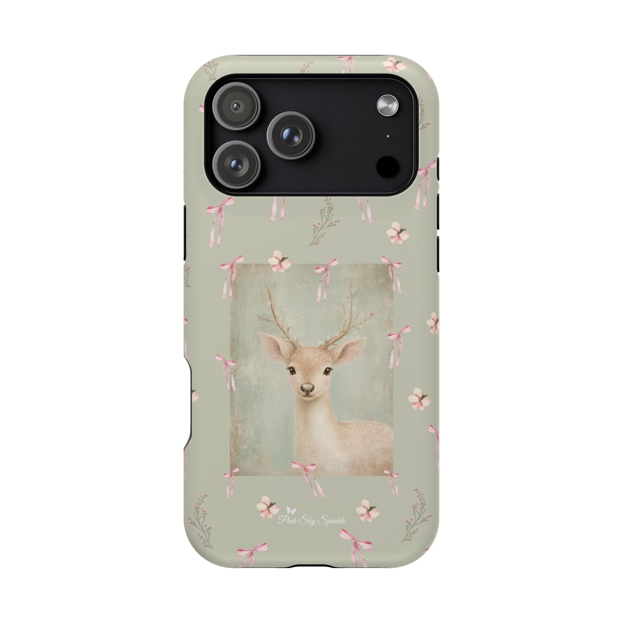 Pastel green magnetic iPhone case with pink bows and a framed woodland fawn painting in the center, cute cottagecore MagSafe-friendly phone case design by Pink Sky Sparkle.