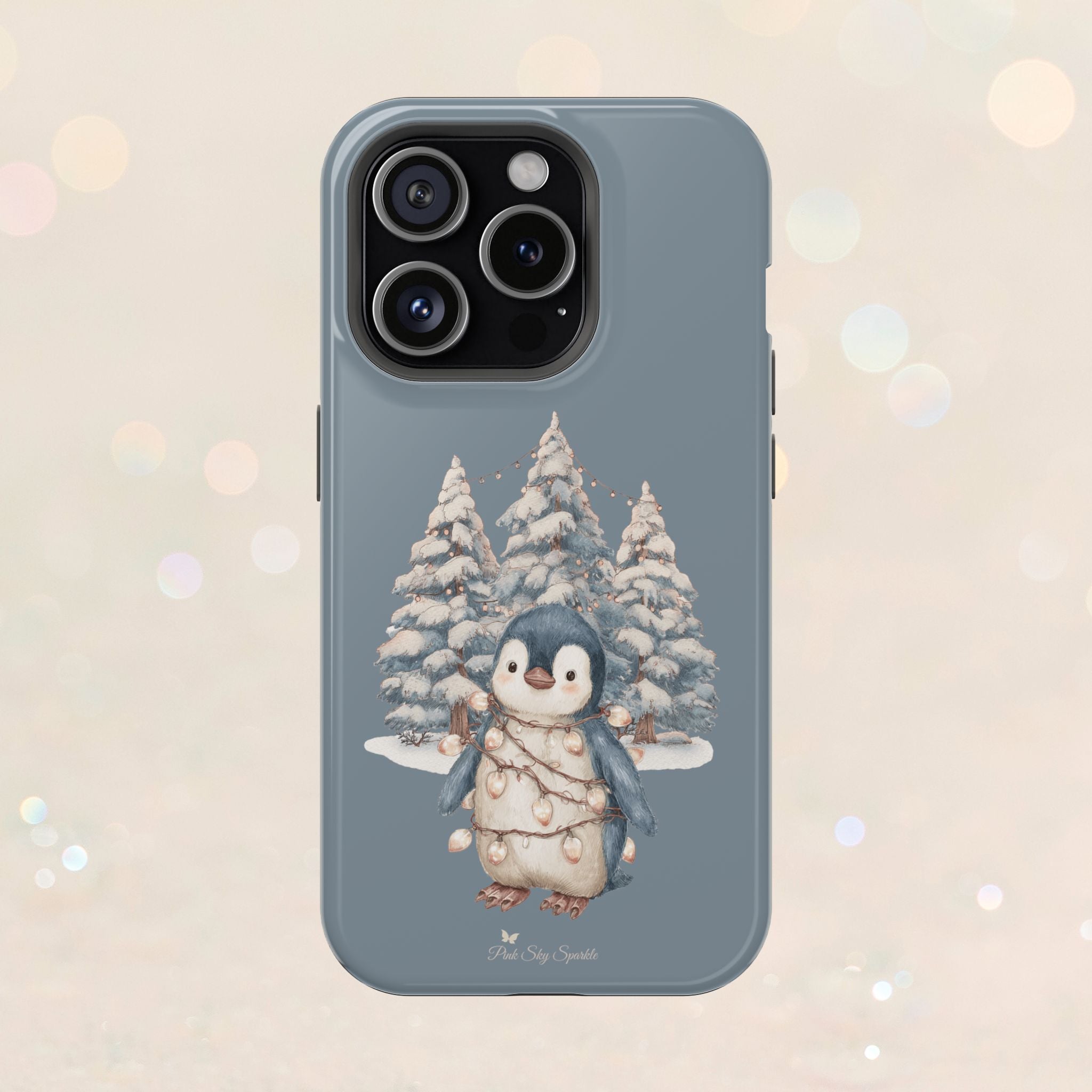 Coque magnétique pour iPhone Pingouin avec guirlande lumineuse de Noël