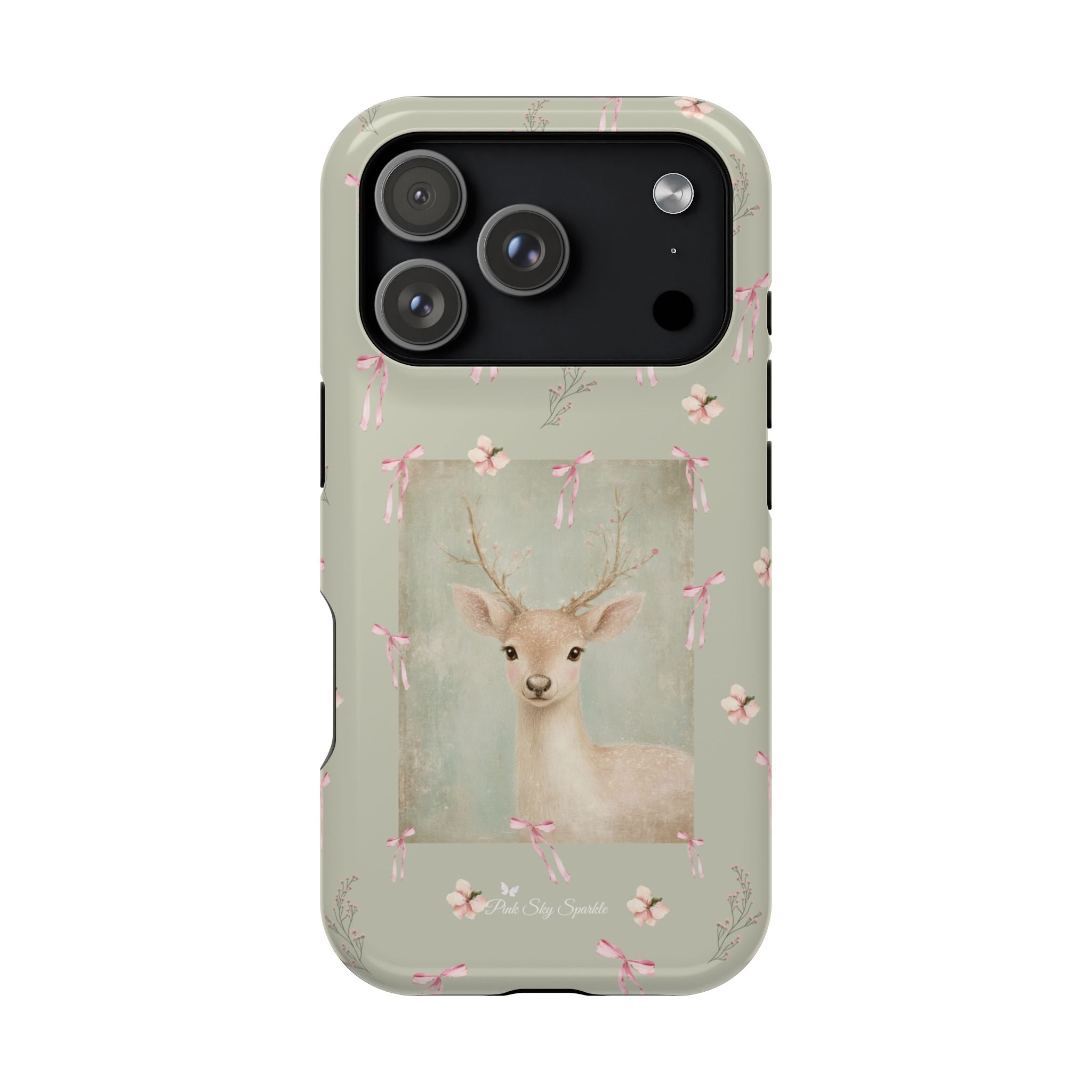 Pastel green magnetic iPhone case with pink bows and a framed woodland fawn painting in the center, cute cottagecore MagSafe-friendly phone case design by Pink Sky Sparkle.
