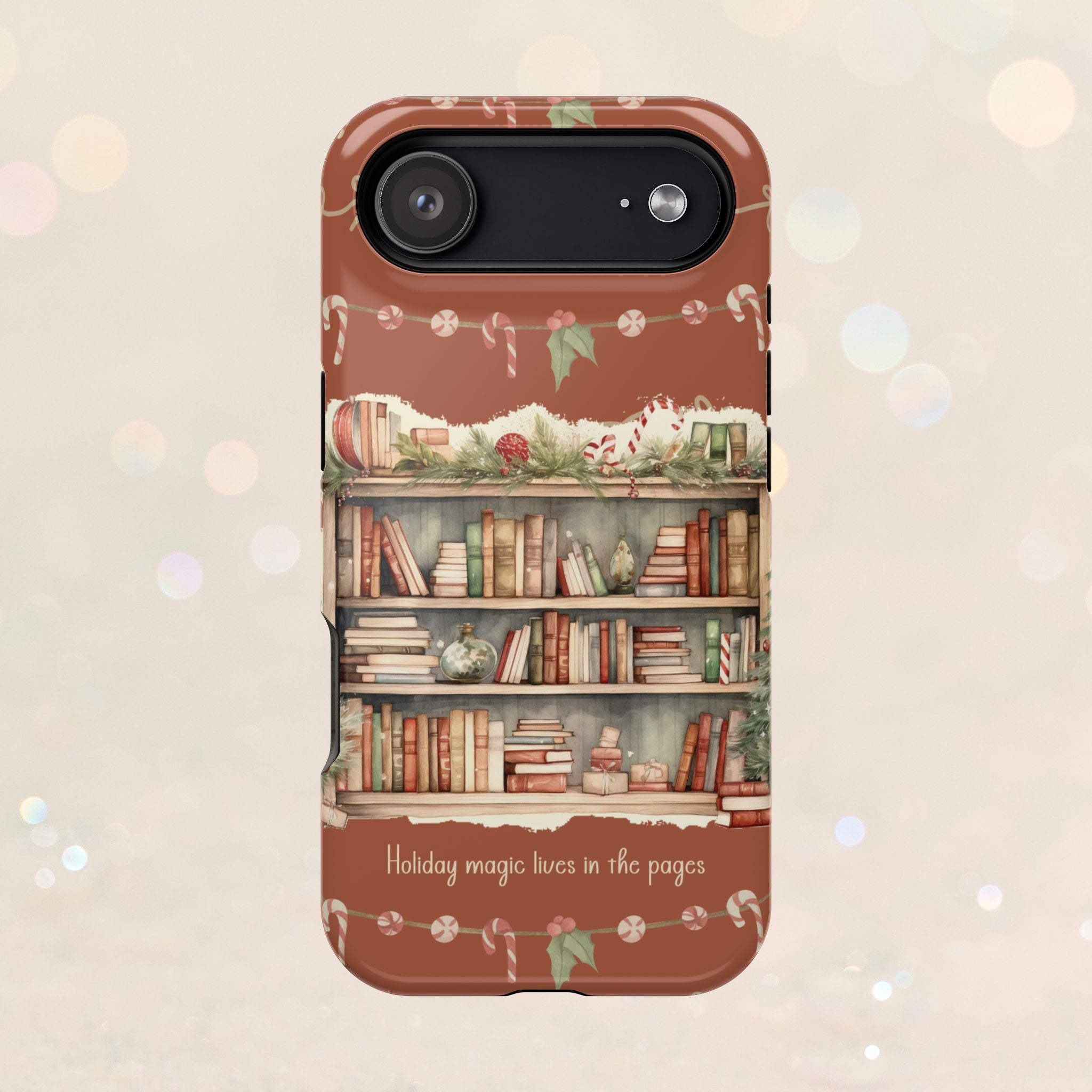 Étui magnétique pour iPhone « Bibliothèque de Noël » – « La magie des fêtes se vit dans les pages »