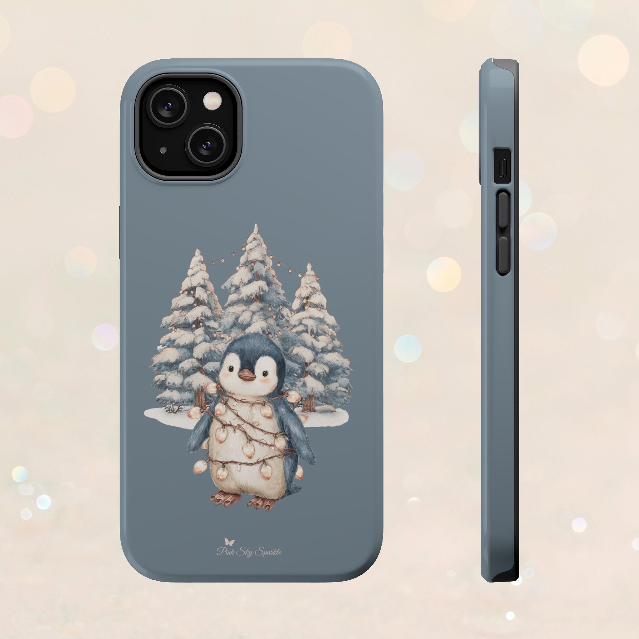 Coque magnétique pour iPhone Pingouin avec guirlande lumineuse de Noël