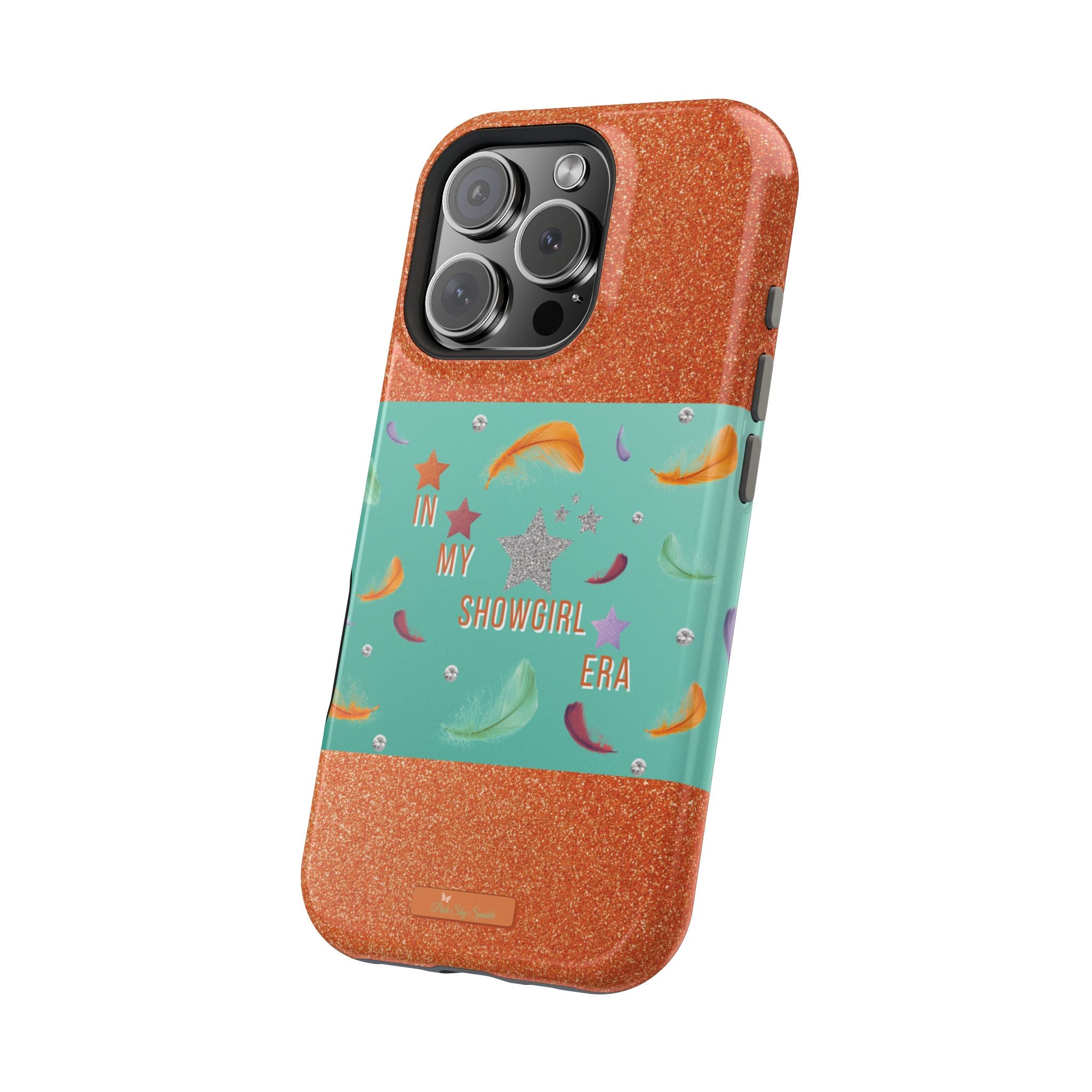 Taylor Swift Themed Phone Case with faux orange glitter and teal/mint green section the middle with feathers and diamonds and the word In my Showgirl Era.