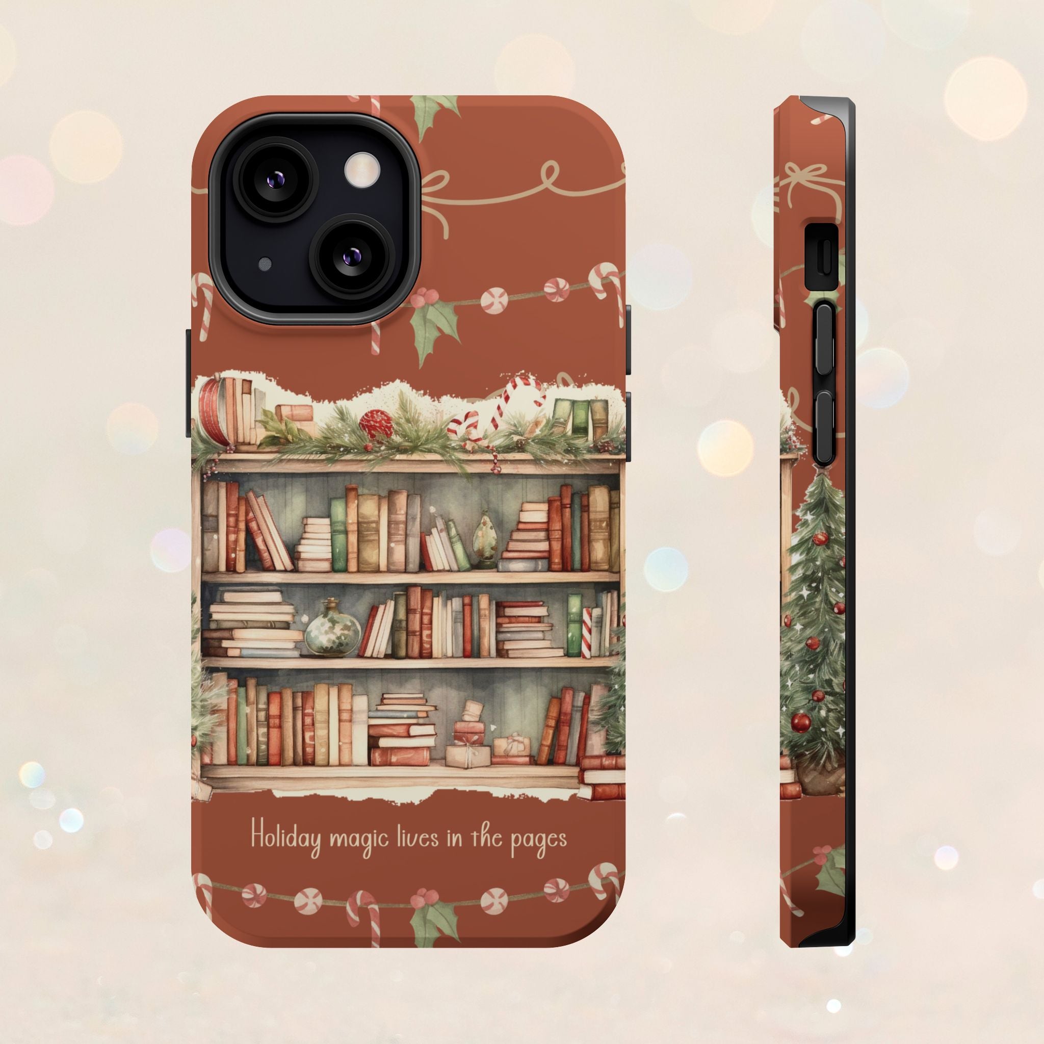 Étui magnétique pour iPhone « Bibliothèque de Noël » – « La magie des fêtes se vit dans les pages »