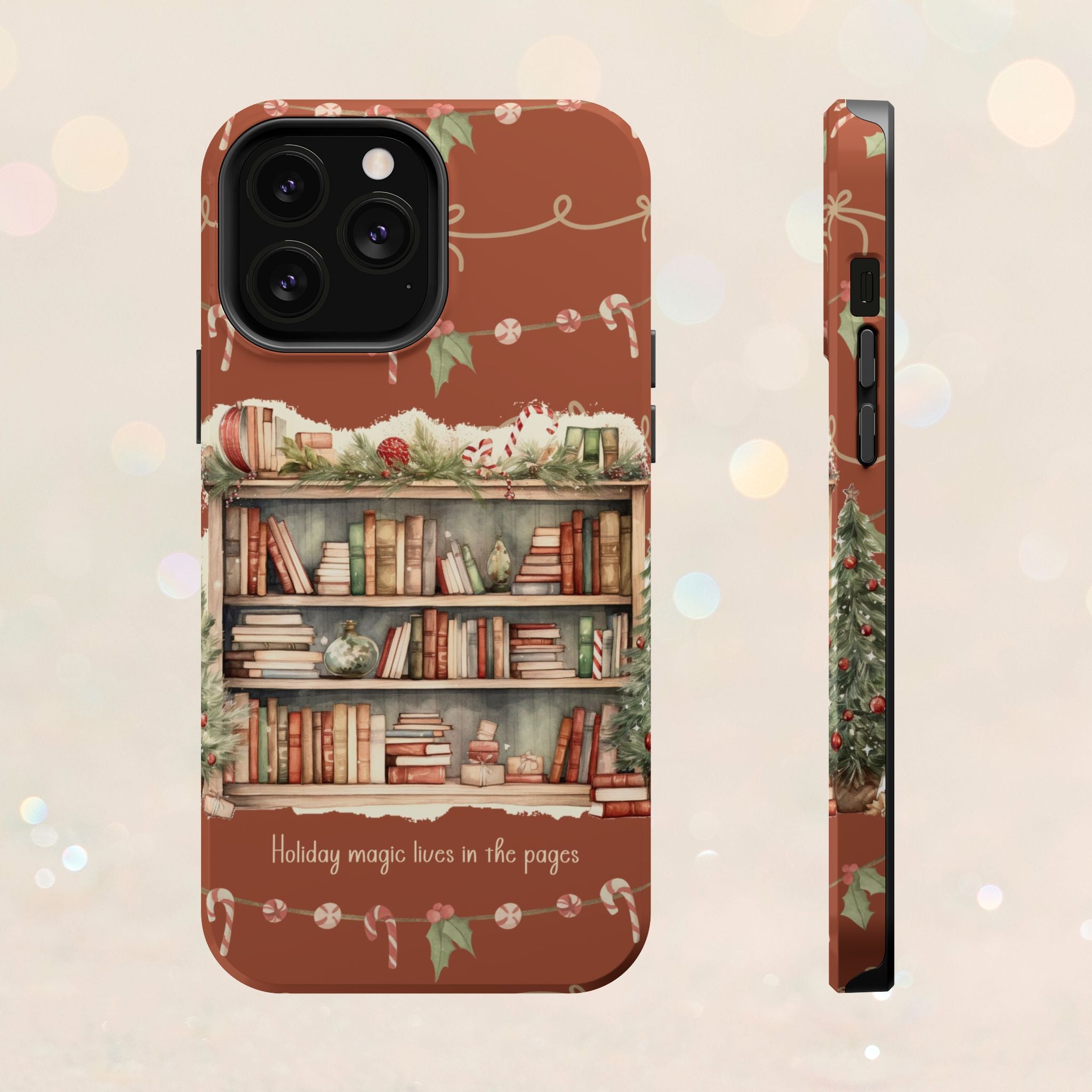 Étui magnétique pour iPhone « Bibliothèque de Noël » – « La magie des fêtes se vit dans les pages »