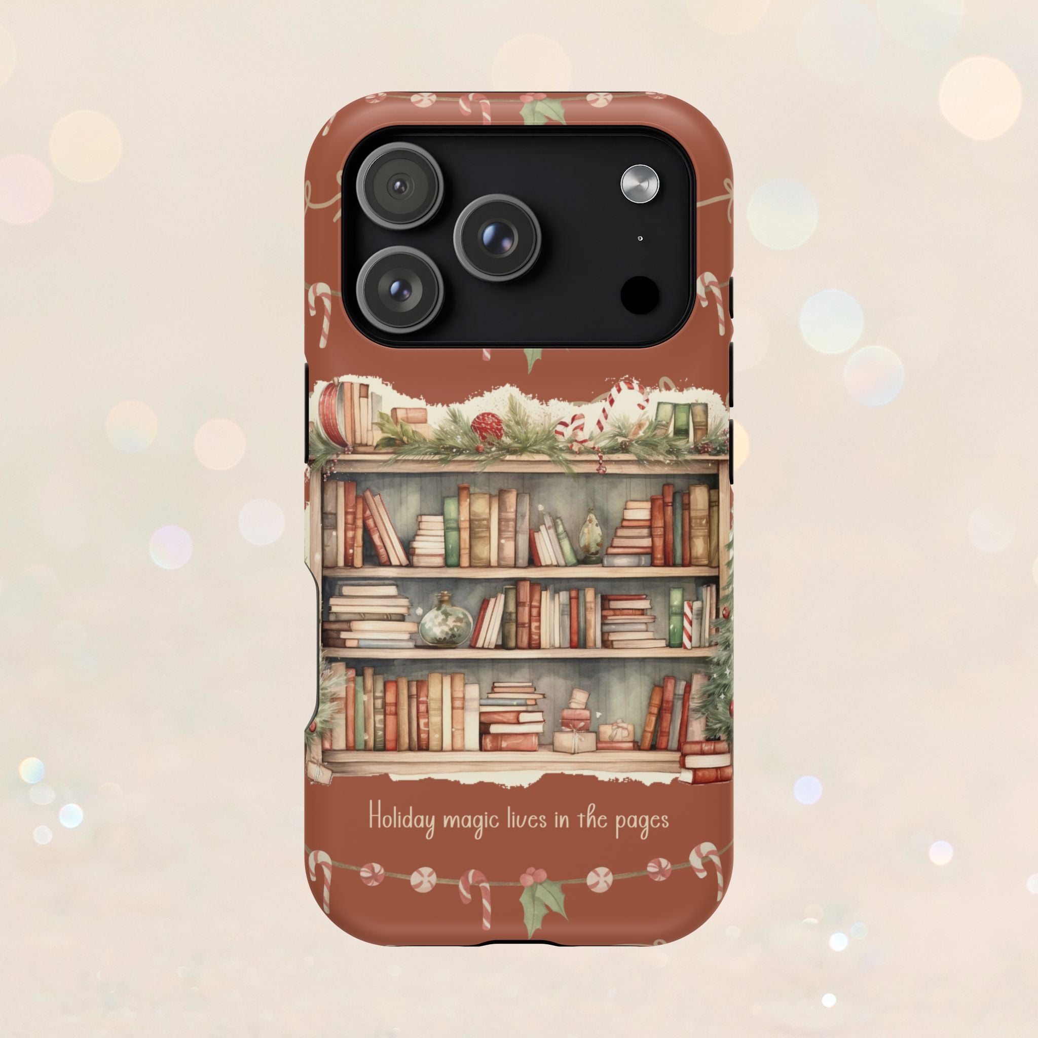 Étui magnétique pour iPhone « Bibliothèque de Noël » – « La magie des fêtes se vit dans les pages »