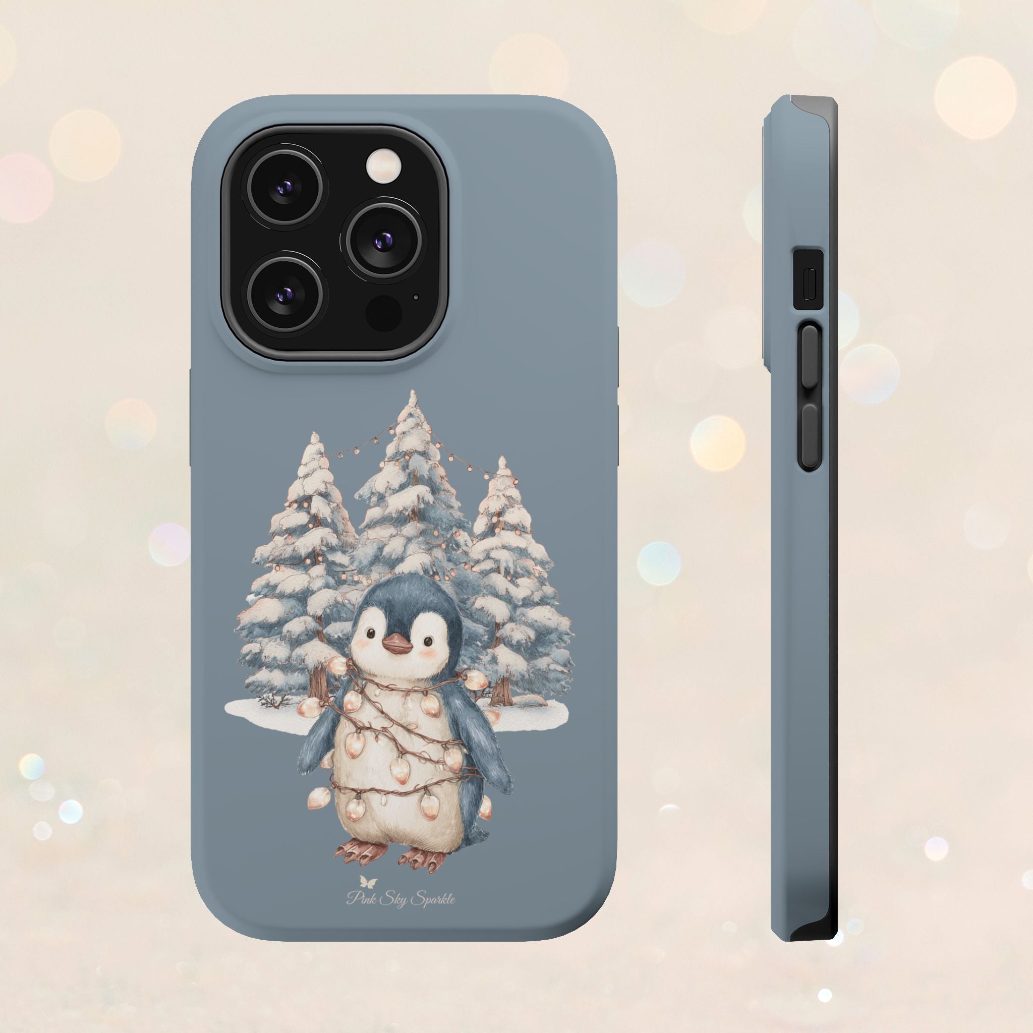 Coque magnétique pour iPhone Pingouin avec guirlande lumineuse de Noël