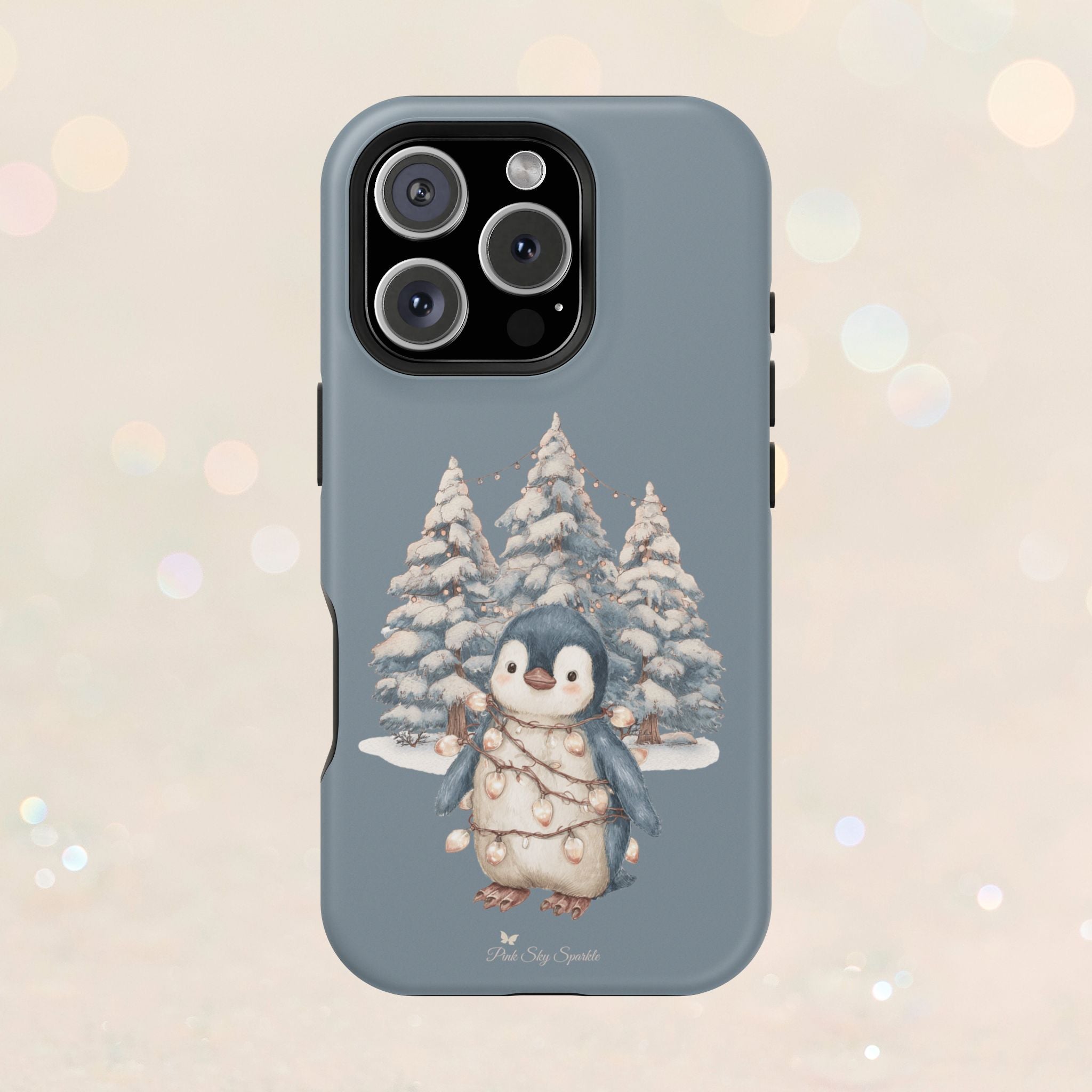 Coque magnétique pour iPhone Pingouin avec guirlande lumineuse de Noël