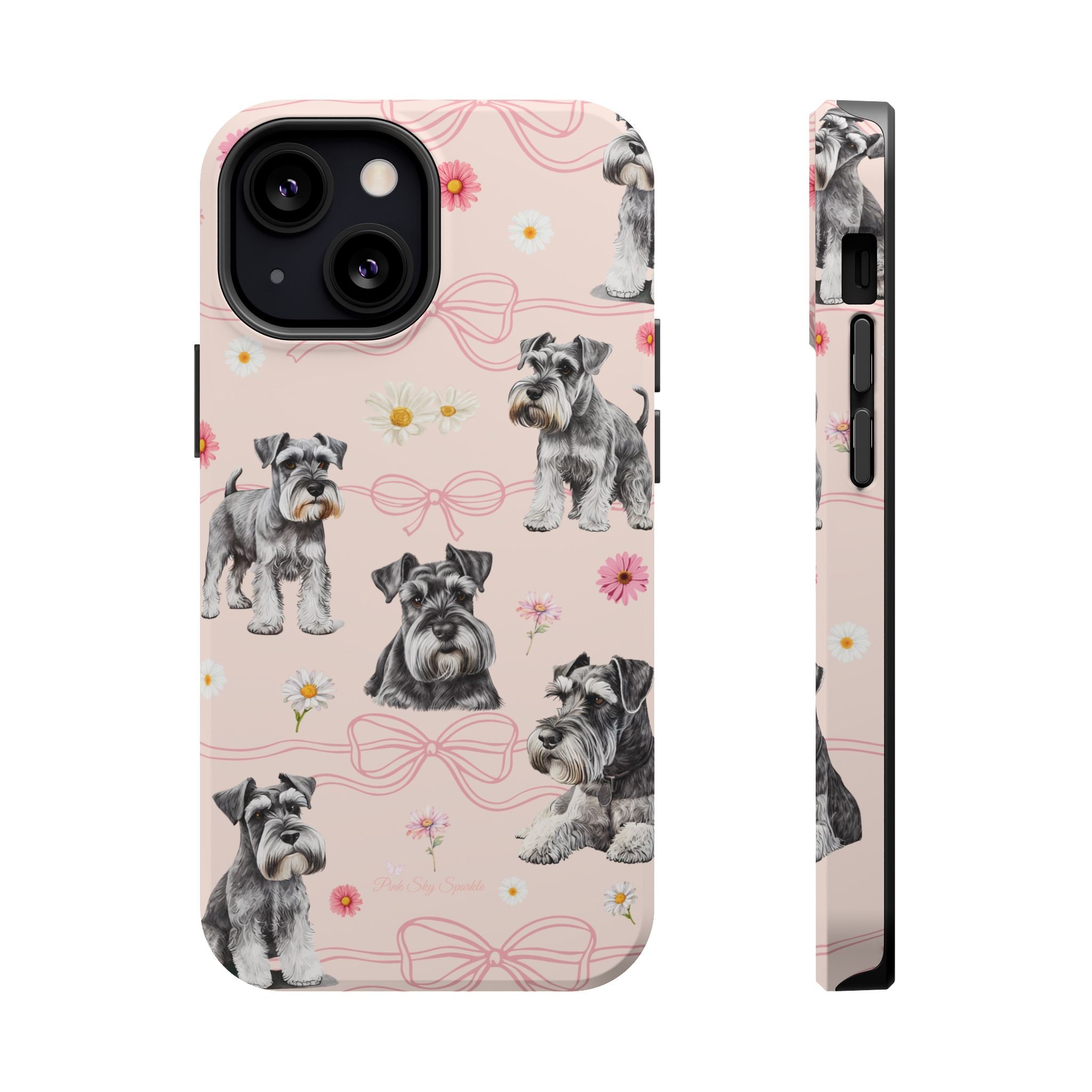 Daisy Dog Magnetic iPhone Case featuring Schnauzer and pink floral pattern.