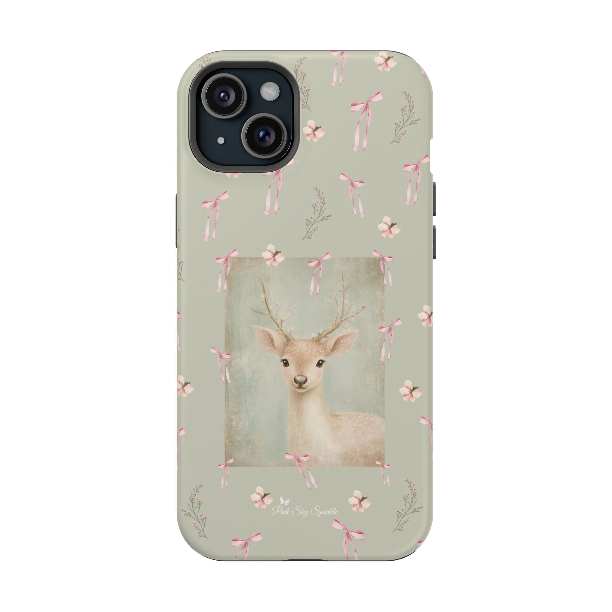 Pastel green magnetic iPhone case with pink bows and a framed woodland fawn painting in the center, cute cottagecore MagSafe-friendly phone case design by Pink Sky Sparkle.