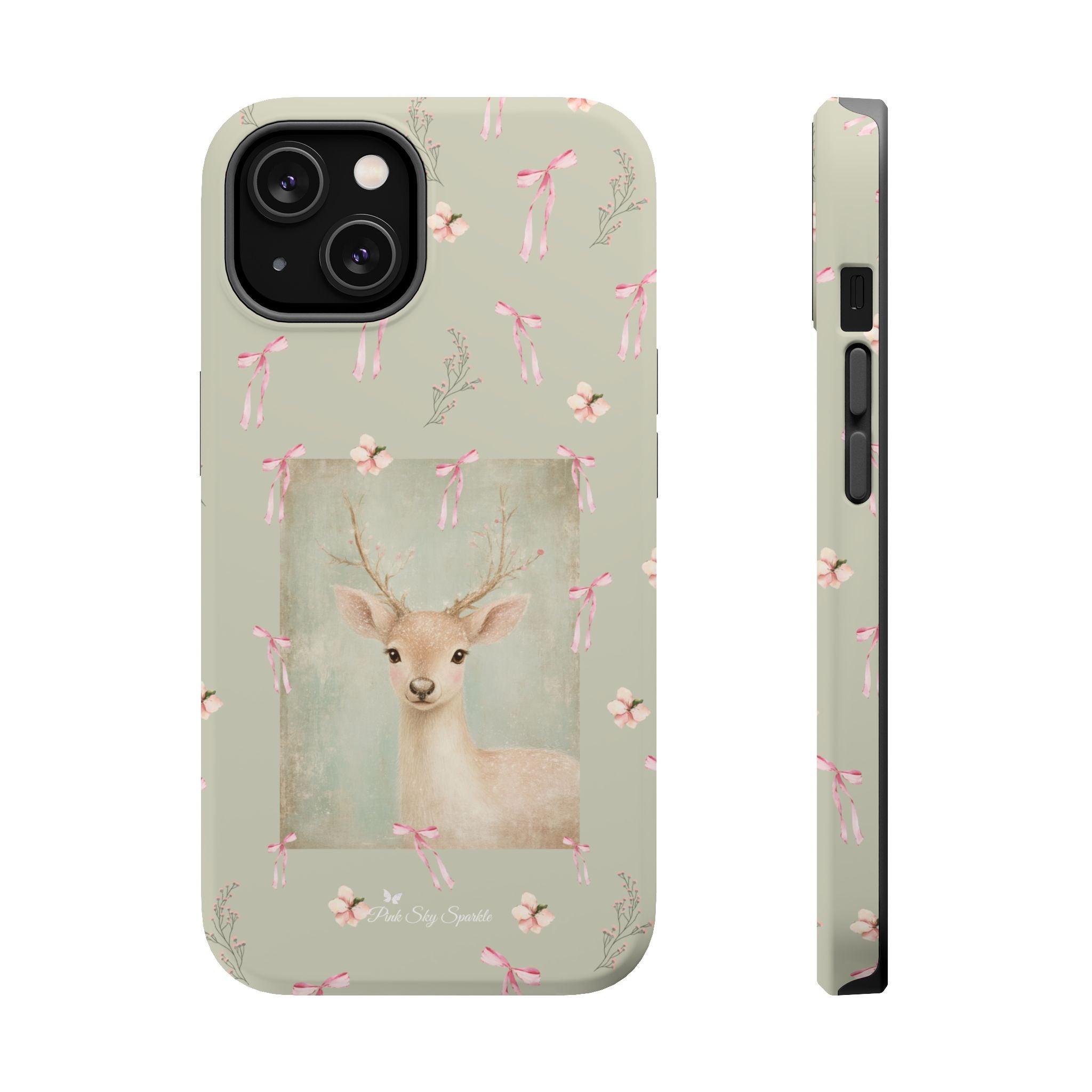 Pastel green magnetic iPhone case with pink bows and a framed woodland fawn painting in the center, cute cottagecore MagSafe-friendly phone case design by Pink Sky Sparkle.