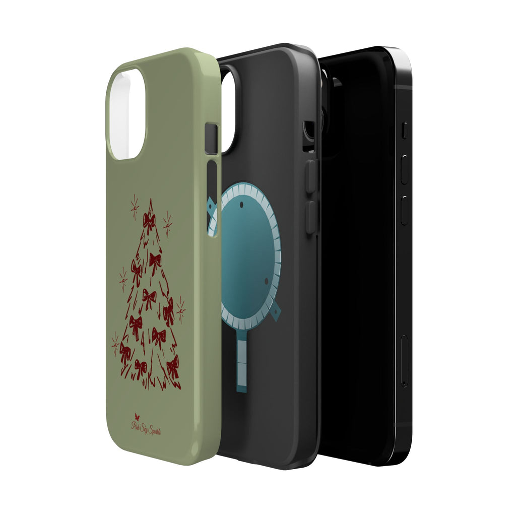 Holiday Bow Tree Magnetic iPhone Case – Sage Green Christmas Edition