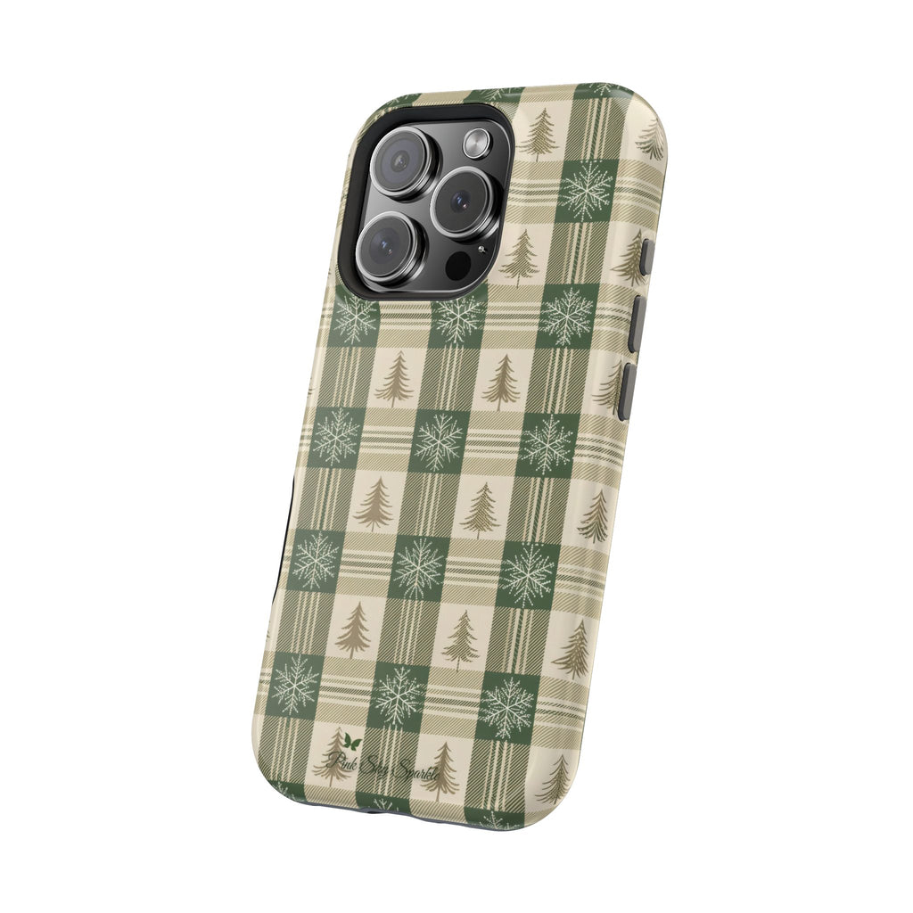 Winter Forest Magnetic iPhone Case – Green Plaid Snowflake Pattern