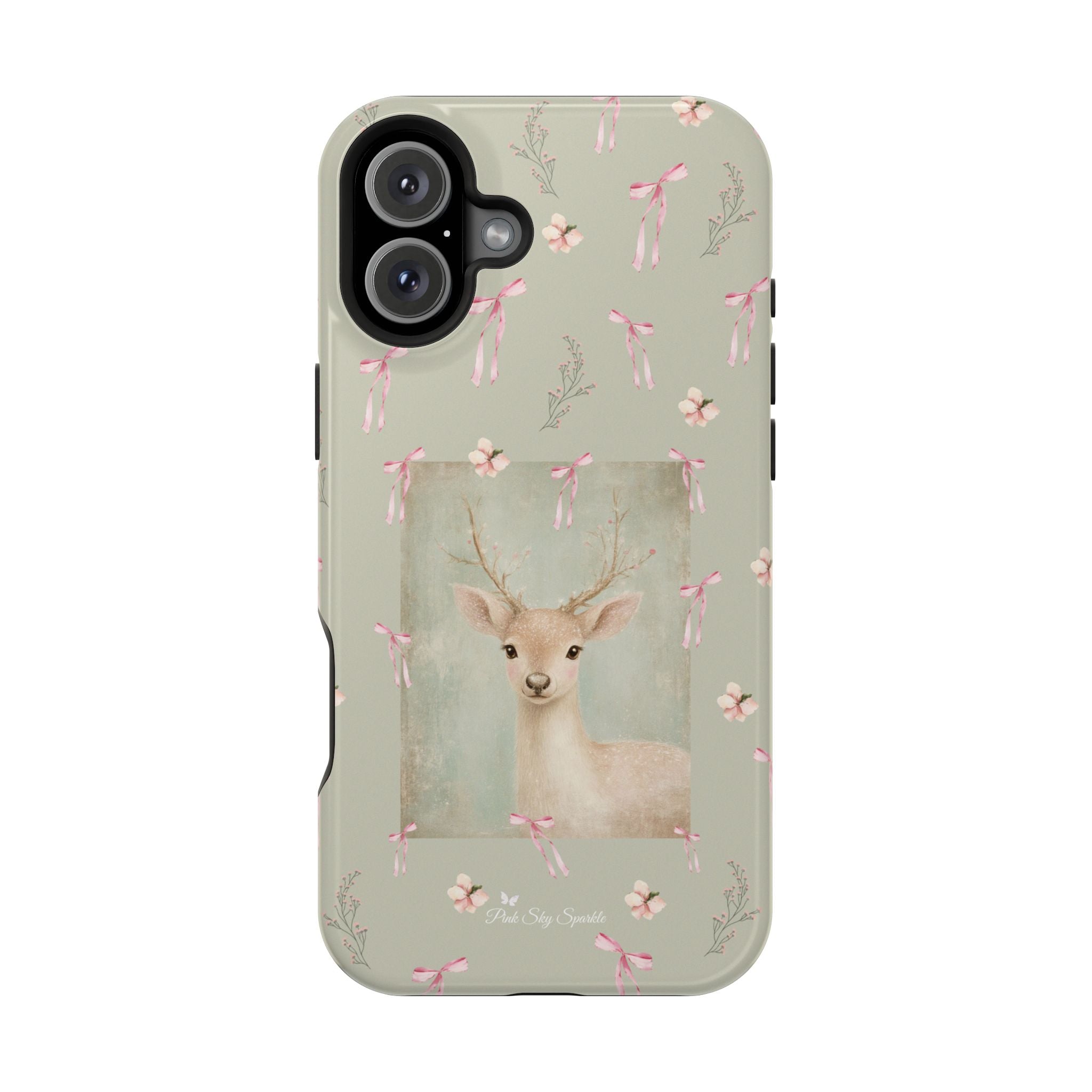 Pastel green magnetic iPhone case with pink bows and a framed woodland fawn painting in the center, cute cottagecore MagSafe-friendly phone case design by Pink Sky Sparkle.