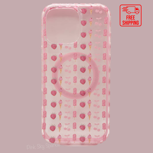 Cherry Berry Swirl Premium Clear MagSafe Case for iPhone 16 Pro Max