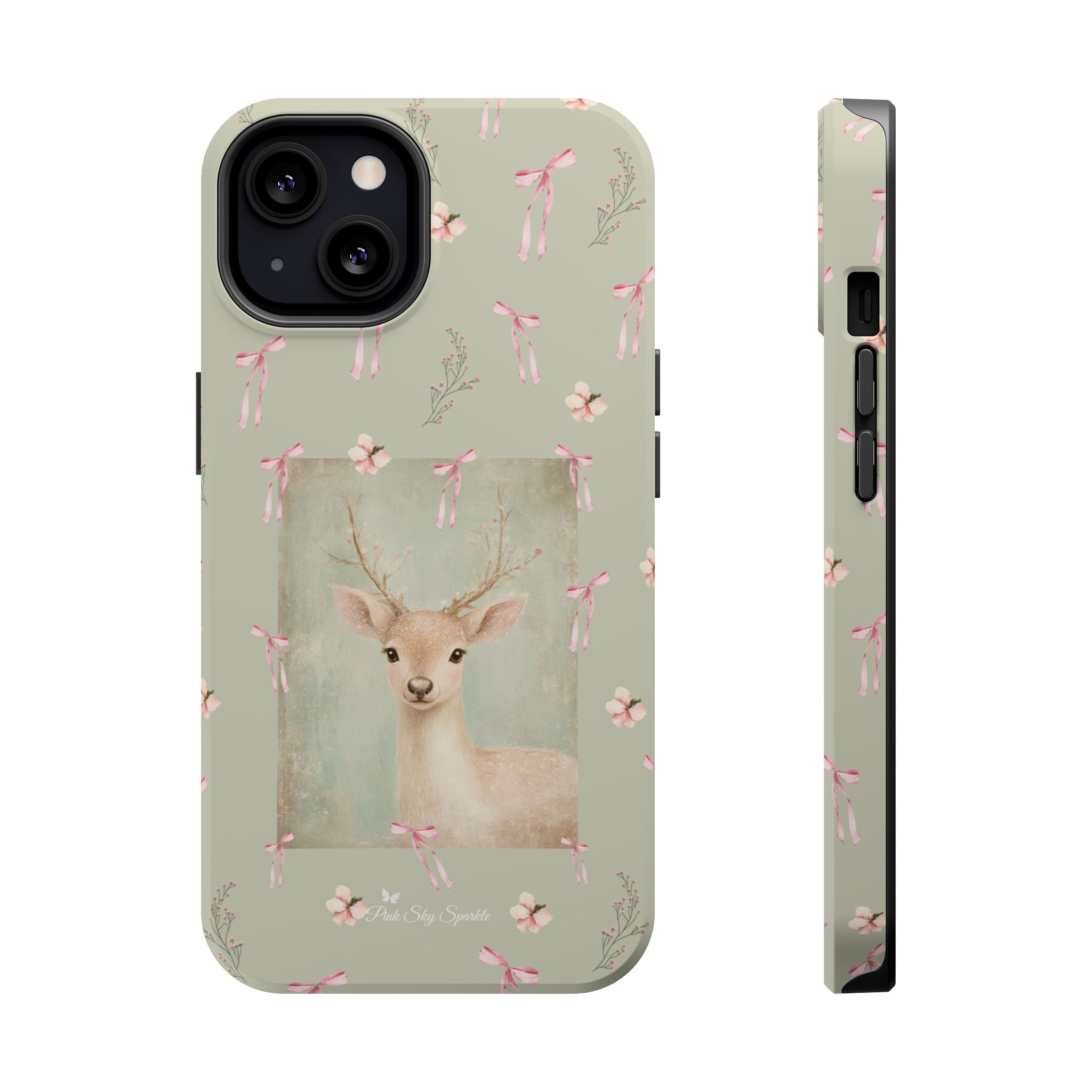 Pastel green magnetic iPhone case with pink bows and a framed woodland fawn painting in the center, cute cottagecore MagSafe-friendly phone case design by Pink Sky Sparkle.