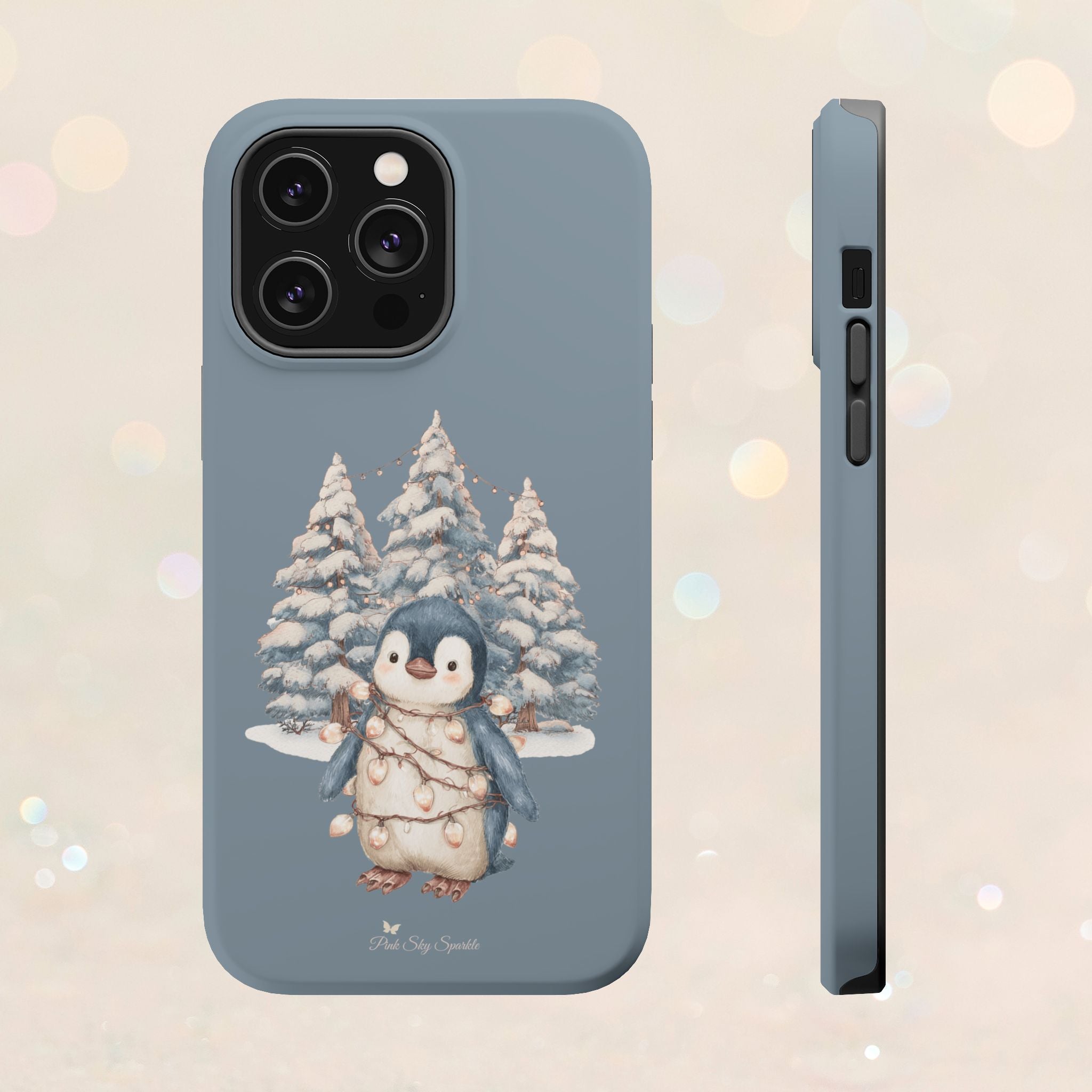 Coque magnétique pour iPhone Pingouin avec guirlande lumineuse de Noël