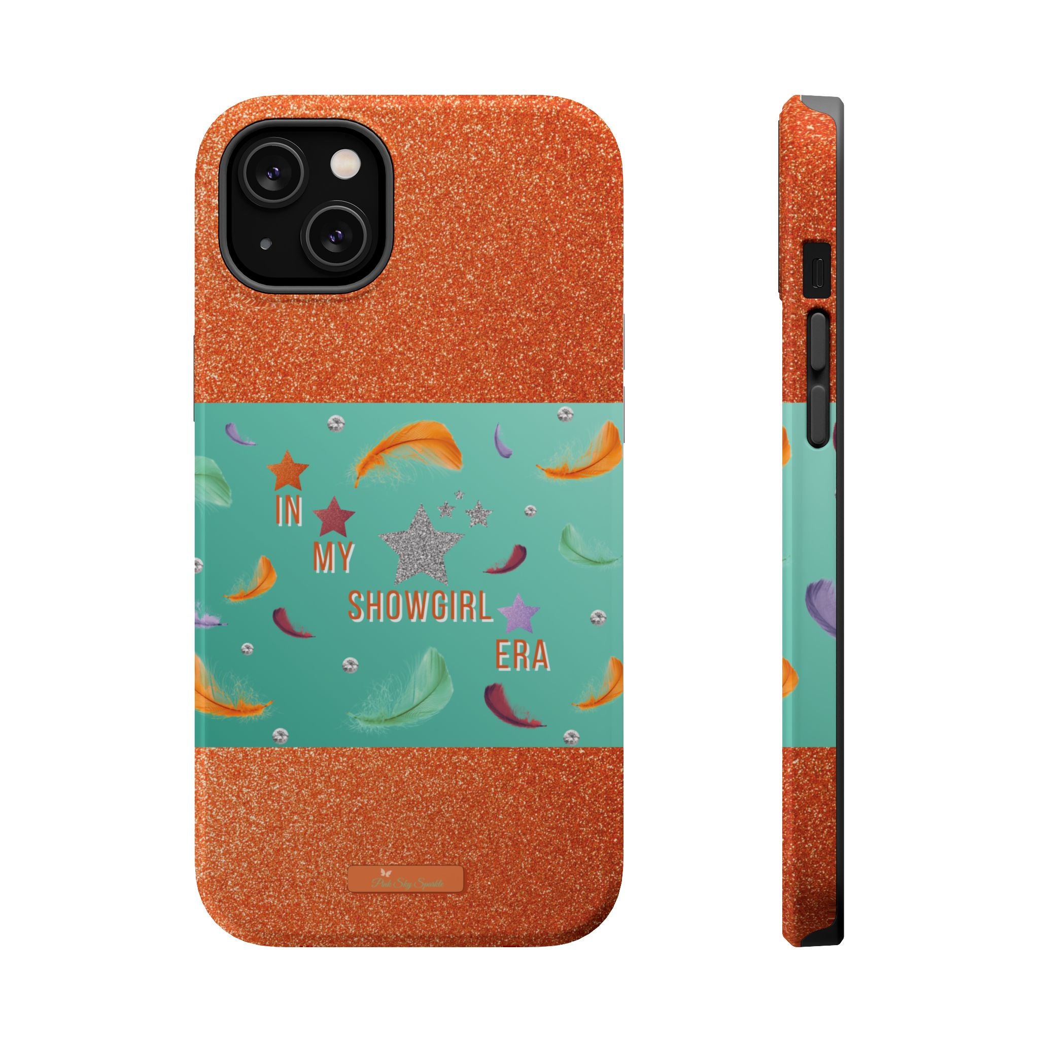 Taylor Swift Themed Phone Case with faux orange glitter and teal/mint green section the middle with feathers and diamonds and the word In my Showgirl Era.