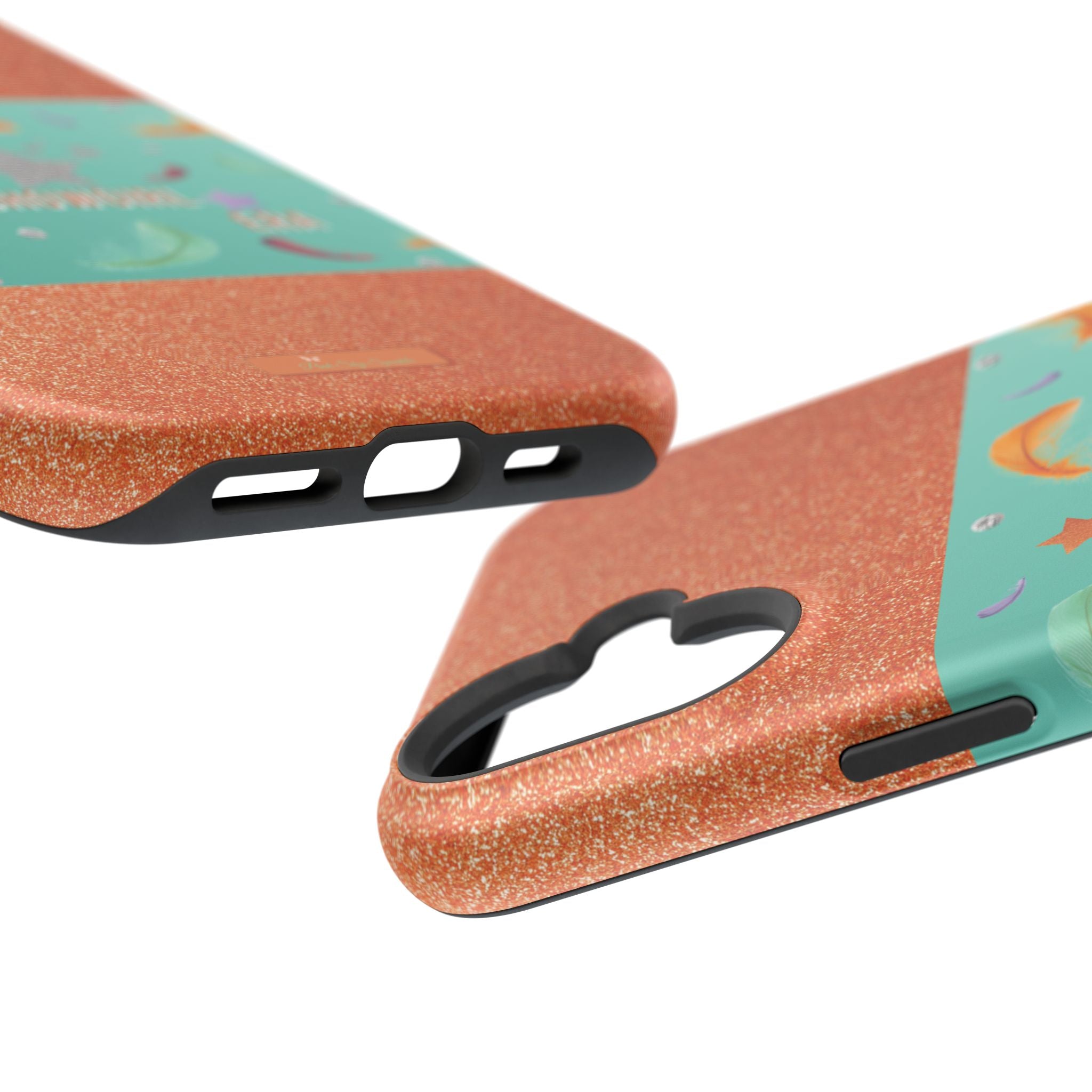 Taylor Swift Themed Phone Case with faux orange glitter and teal/mint green section the middle with feathers and diamonds and the word In my Showgirl Era.