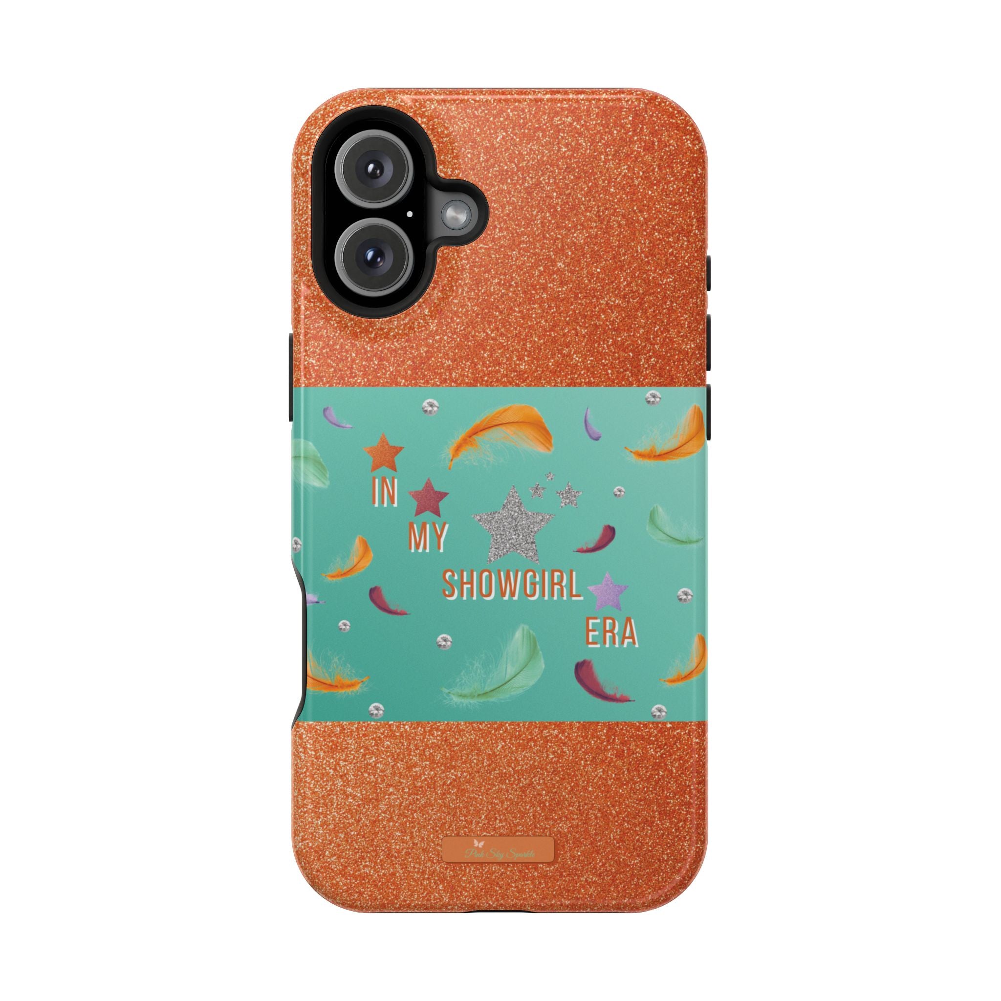 Taylor Swift Themed Phone Case with faux orange glitter and teal/mint green section the middle with feathers and diamonds and the word In my Showgirl Era.
