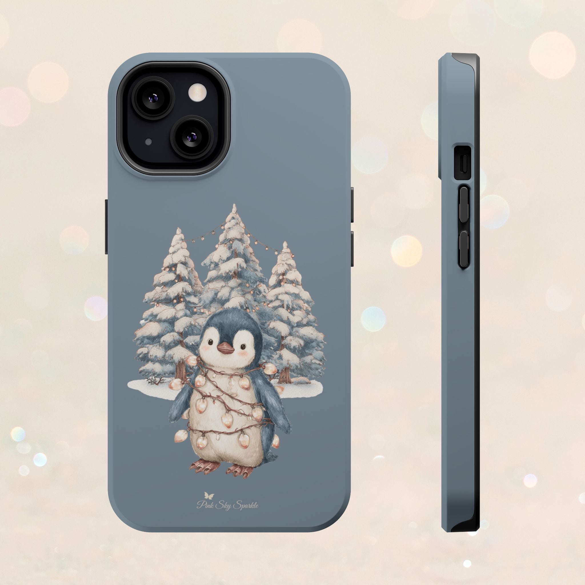 Coque magnétique pour iPhone Pingouin avec guirlande lumineuse de Noël
