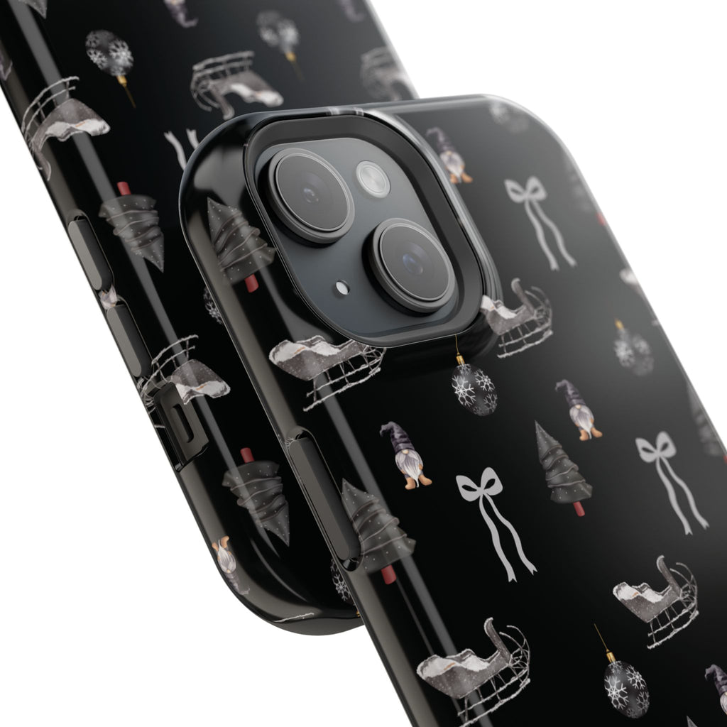 Elegant Christmas iPhone cover featuring silver bows, trees, and sleighs