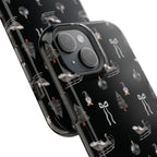 Elegant Christmas iPhone cover featuring silver bows, trees, and sleighs