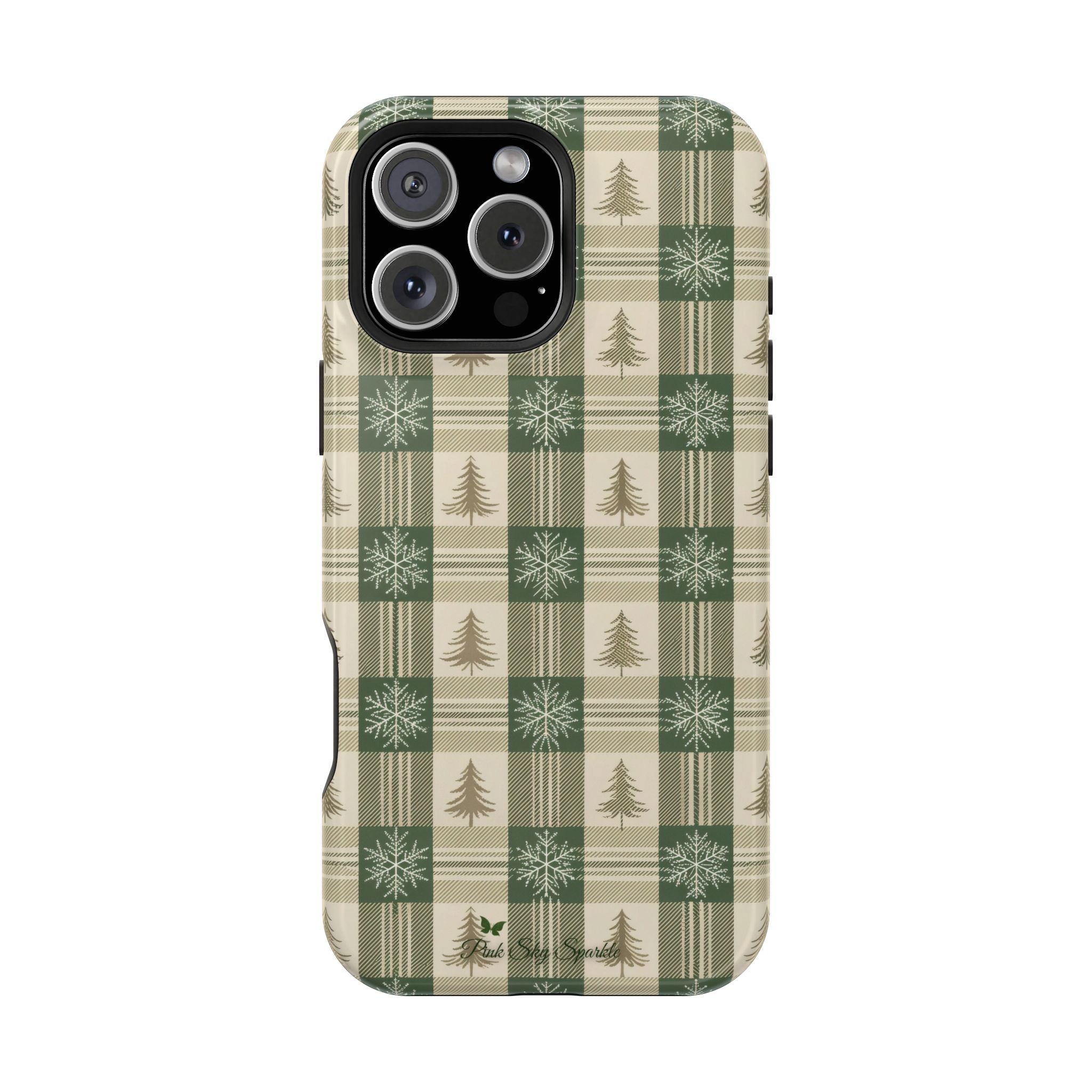 Winter Forest Magnetic iPhone Case – Green Plaid Snowflake Pattern