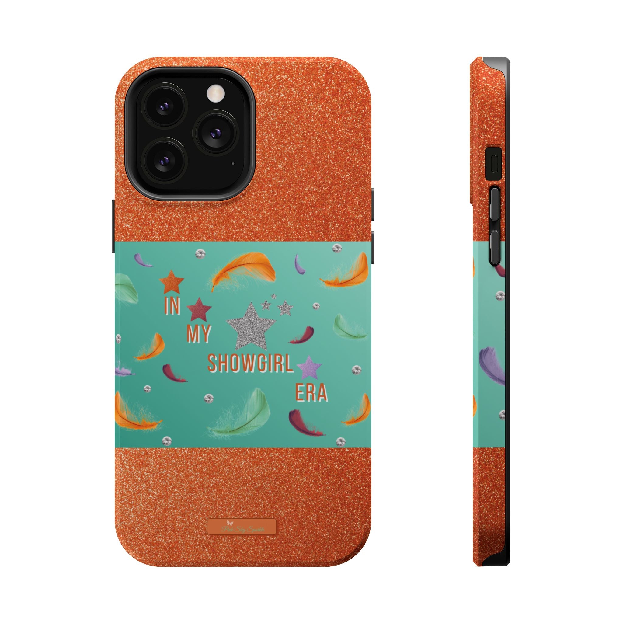 Taylor Swift Themed Phone Case with faux orange glitter and teal/mint green section the middle with feathers and diamonds and the word In my Showgirl Era.