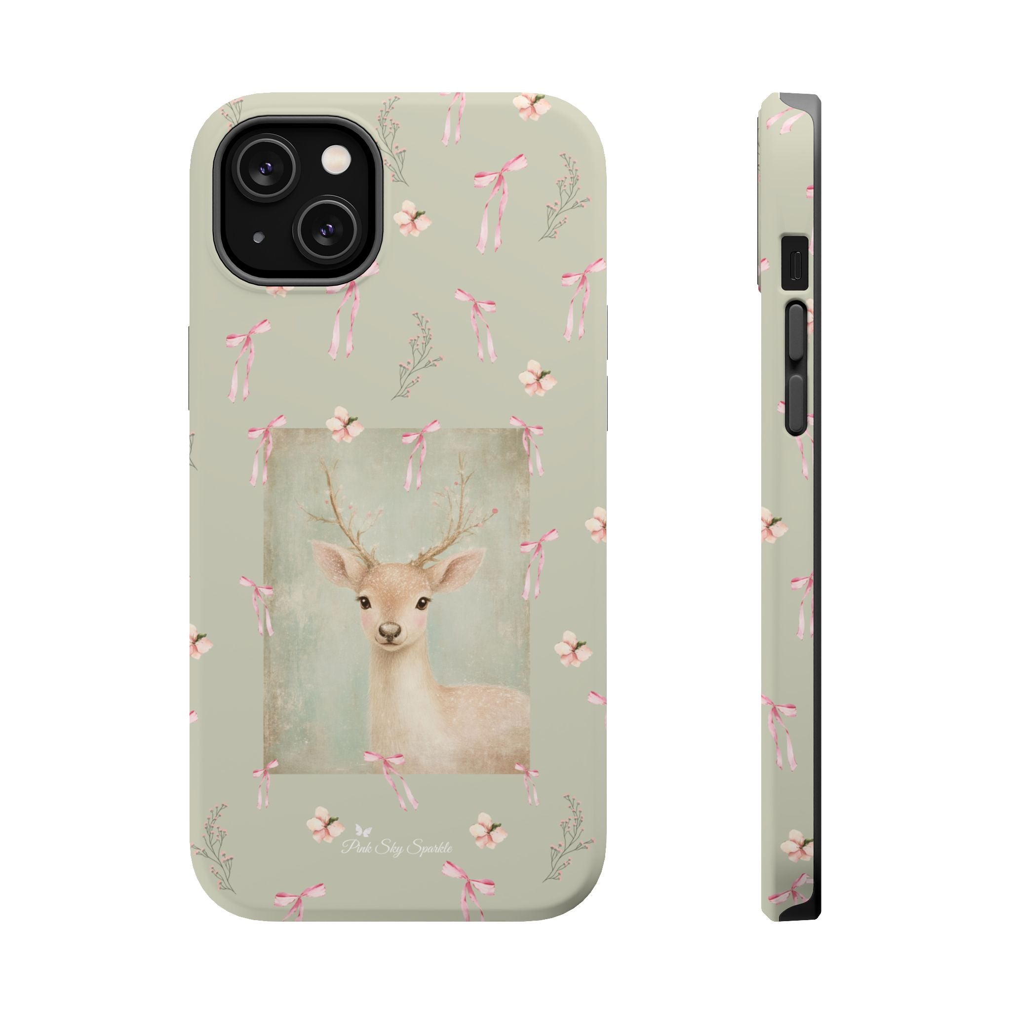 Pastel green magnetic iPhone case with pink bows and a framed woodland fawn painting in the center, cute cottagecore MagSafe-friendly phone case design by Pink Sky Sparkle.