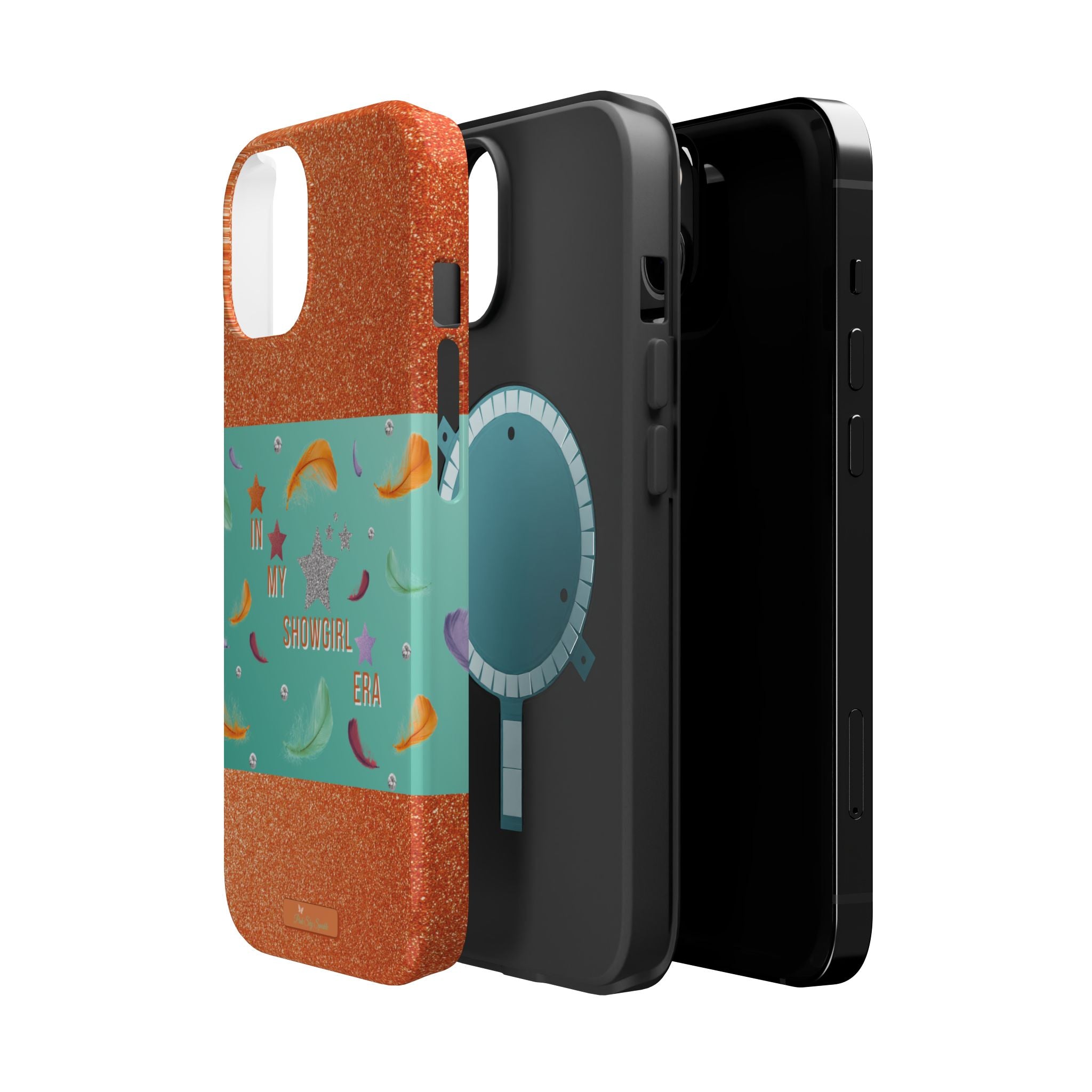 Taylor Swift Themed Phone Case with faux orange glitter and teal/mint green section the middle with feathers and diamonds and the word In my Showgirl Era.