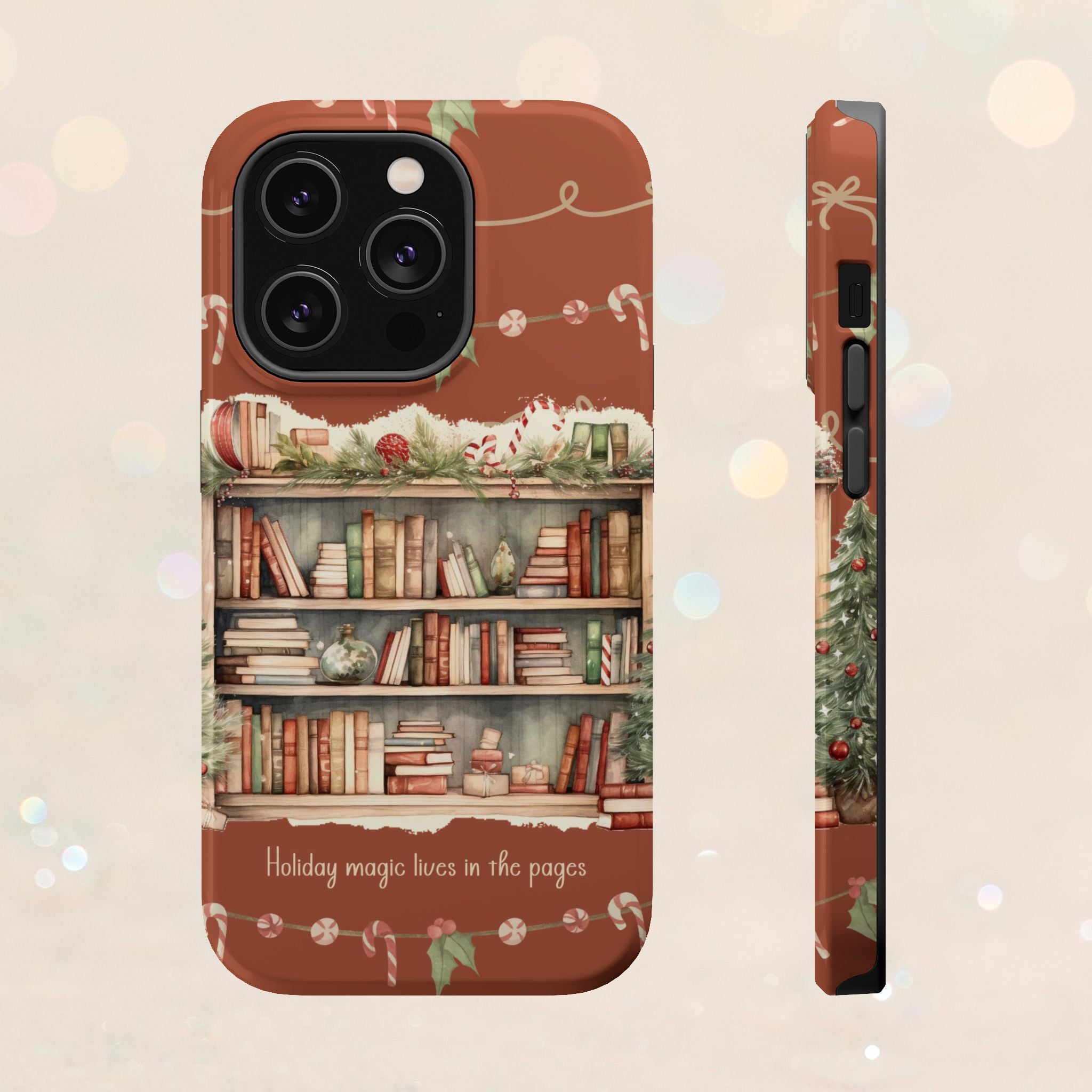 Étui magnétique pour iPhone « Bibliothèque de Noël » – « La magie des fêtes se vit dans les pages »