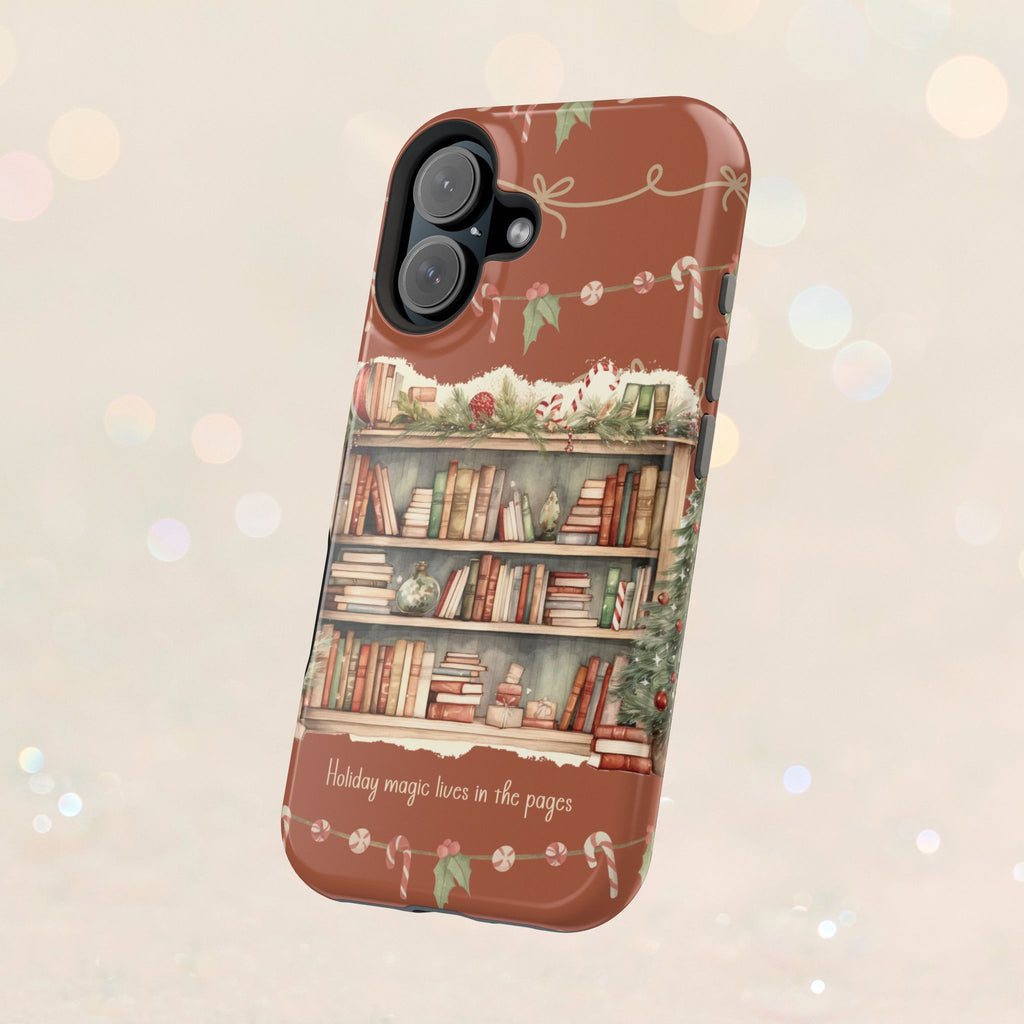 Étui magnétique pour iPhone « Bibliothèque de Noël » – « La magie des fêtes se vit dans les pages »