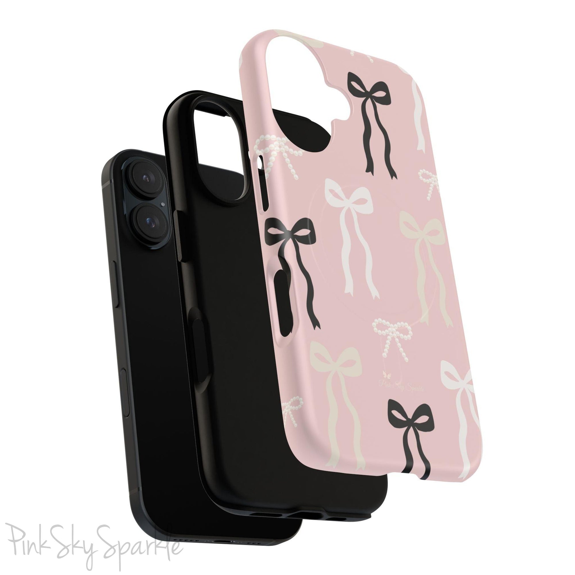 Pink magnetic iPhone case featuring an elegant bow pattern with black, white, and cream bows, designed for MagSafe® compatibility and premium protection.