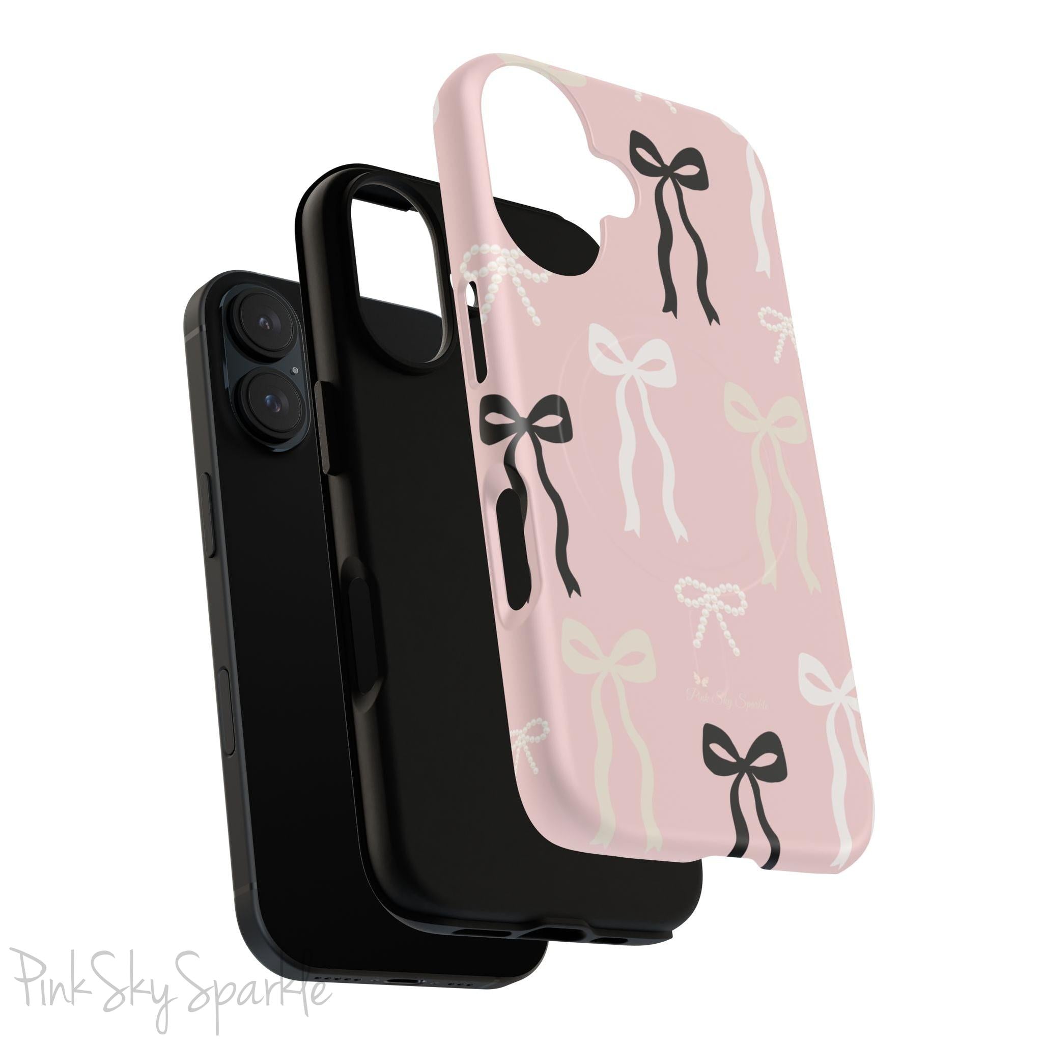 Pink magnetic iPhone case featuring an elegant bow pattern with black, white, and cream bows, designed for MagSafe® compatibility and premium protection.
