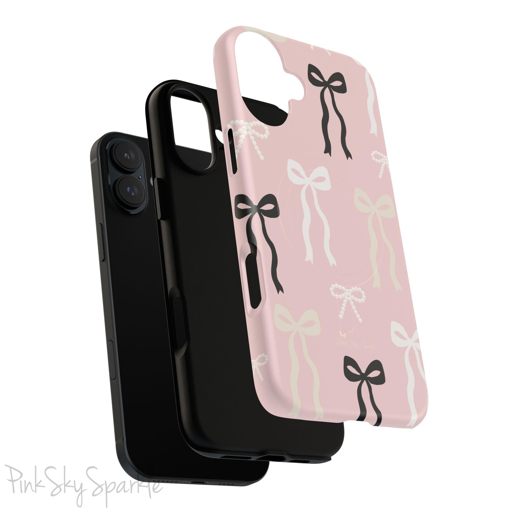Pink magnetic iPhone case featuring an elegant bow pattern with black, white, and cream bows, designed for MagSafe® compatibility and premium protection.