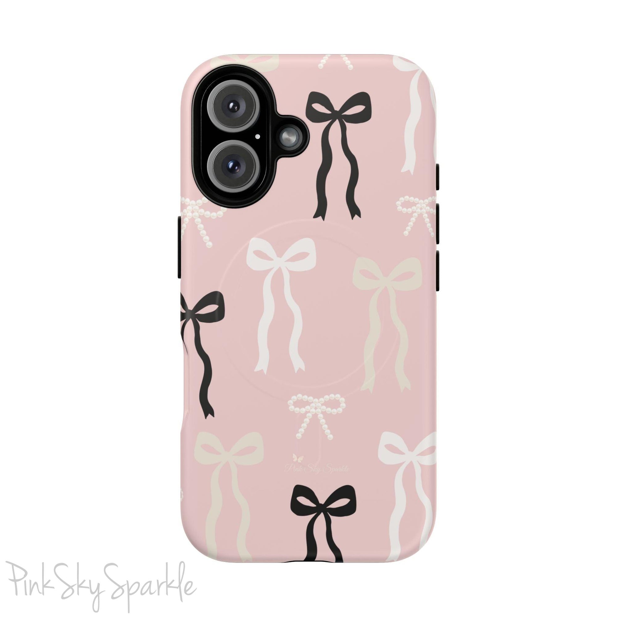 Pink magnetic iPhone case featuring an elegant bow pattern with black, white, and cream bows, designed for MagSafe® compatibility and premium protection.