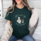 "All I need is coffee and my chihuahua" T-shirt. Featuring a graphic of a woman wearing a robe and hair towel, wearing black sunglasses drinking a coffee next to a chihuahua wearing black sunglasses.