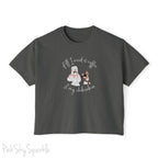 "All I need is coffee and my chihuahua" Women's Boxy Tee. Featuring a graphic of a woman wearing a robe and hair towel, wearing black sunglasses drinking a coffee next to a chihuahua wearing black sunglasses.