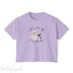 "All I need is coffee and my chihuahua" Women's Boxy Tee. Featuring a graphic of a woman wearing a robe and hair towel, wearing black sunglasses drinking a coffee next to a chihuahua wearing black sunglasses.
