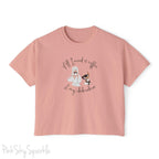 "All I need is coffee and my chihuahua" Women's Boxy Tee. Featuring a graphic of a woman wearing a robe and hair towel, wearing black sunglasses drinking a coffee next to a chihuahua wearing black sunglasses.