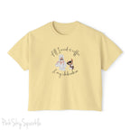"All I need is coffee and my chihuahua" Women's Boxy Tee. Featuring a graphic of a woman wearing a robe and hair towel, wearing black sunglasses drinking a coffee next to a chihuahua wearing black sunglasses.