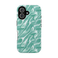 Audrey Magnetic iPhone Case in luxury blue-green satin with sparkling details, MagSafe compatible