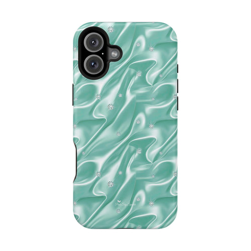 Audrey Magnetic iPhone Case in robin’s egg blue satin design with sparkling details, MagSafe compatible